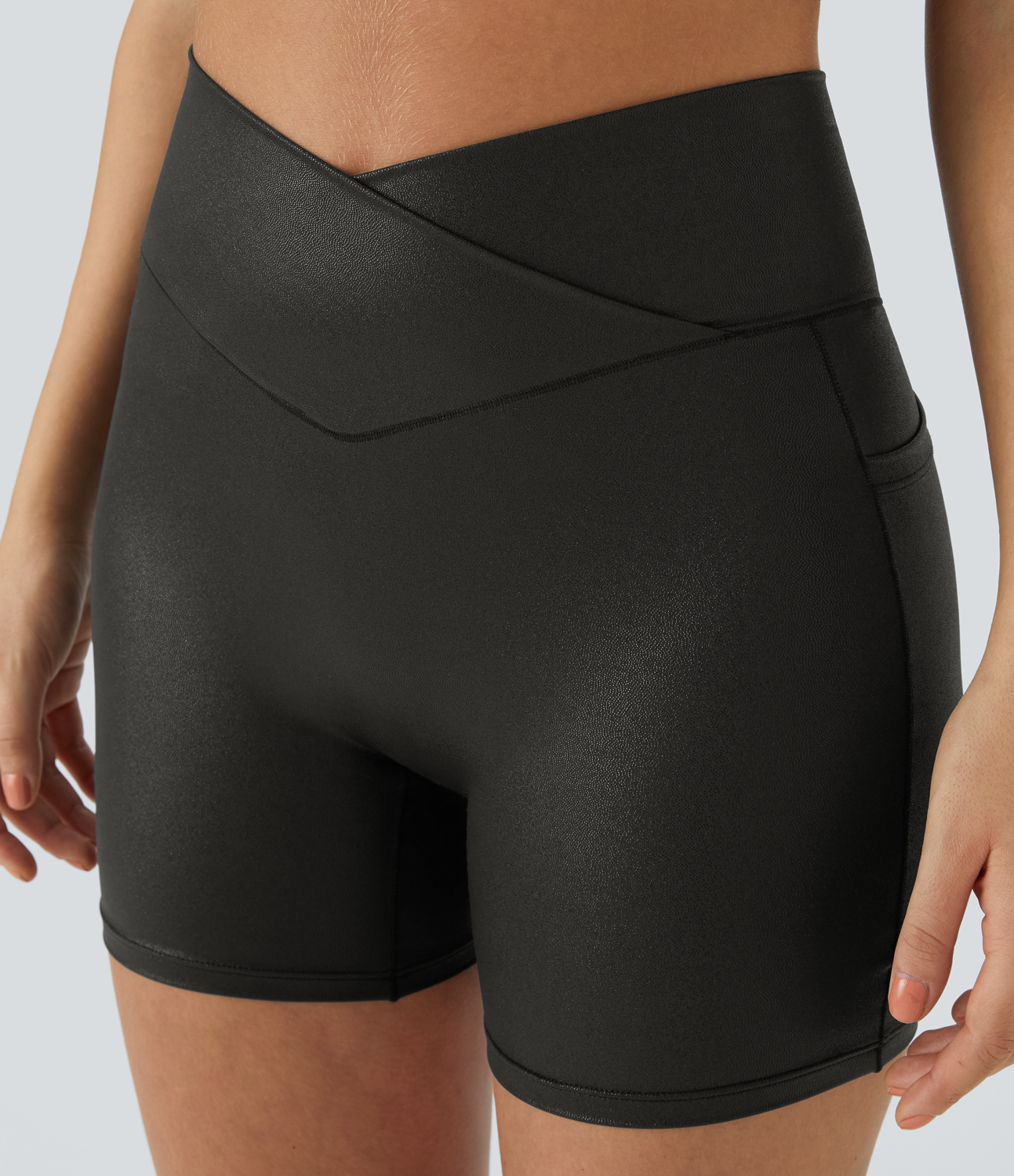 Halara Softlyzeroв„ў Faux Leather High Waisted Crossover Side Pocket Foil Print Stretchy Casual Biker Shorts 5