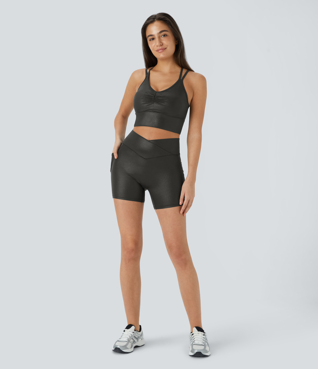Halara Softlyzeroв„ў Faux Leather High Waisted Crossover Side Pocket Foil Print Stretchy Casual Biker Shorts 5