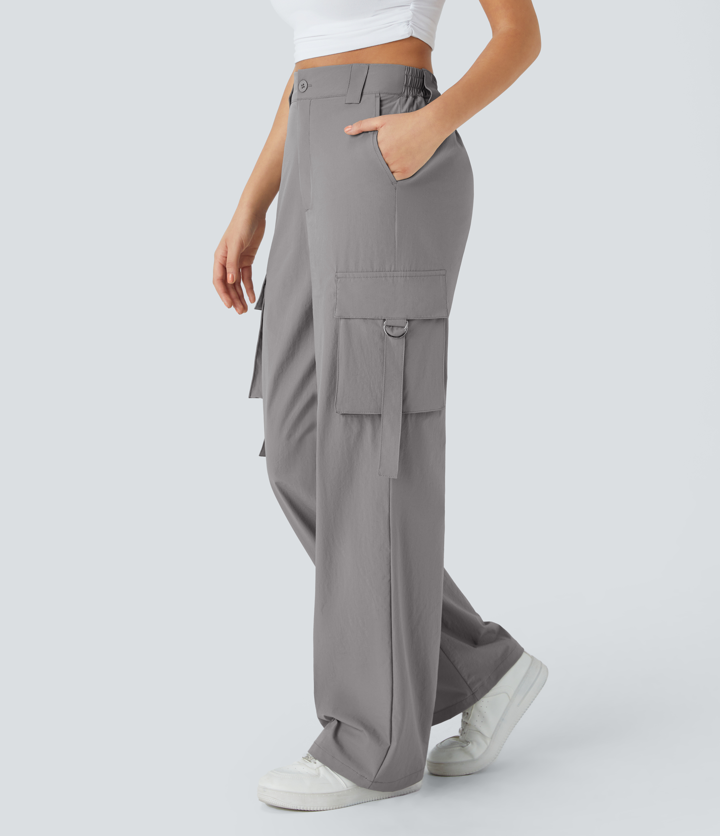 Halara High Waisted Button Zipper Multiple Pockets Straight Leg Casual Cargo Pants  - Mourning Dove - S 