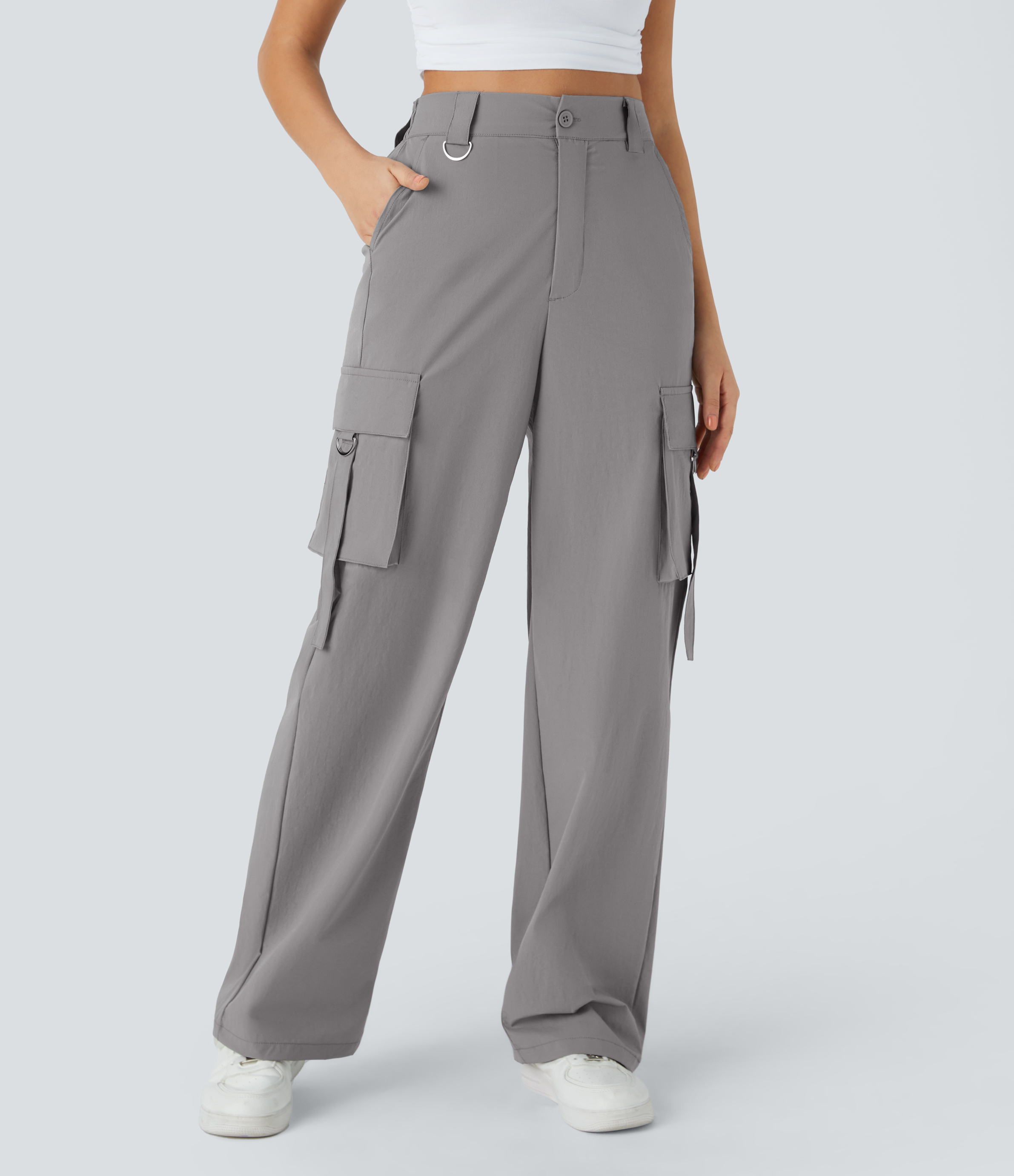 Halara High Waisted Button Zipper Multiple Pockets Straight Leg Casual Cargo Pants  - Mourning Dove - S 
