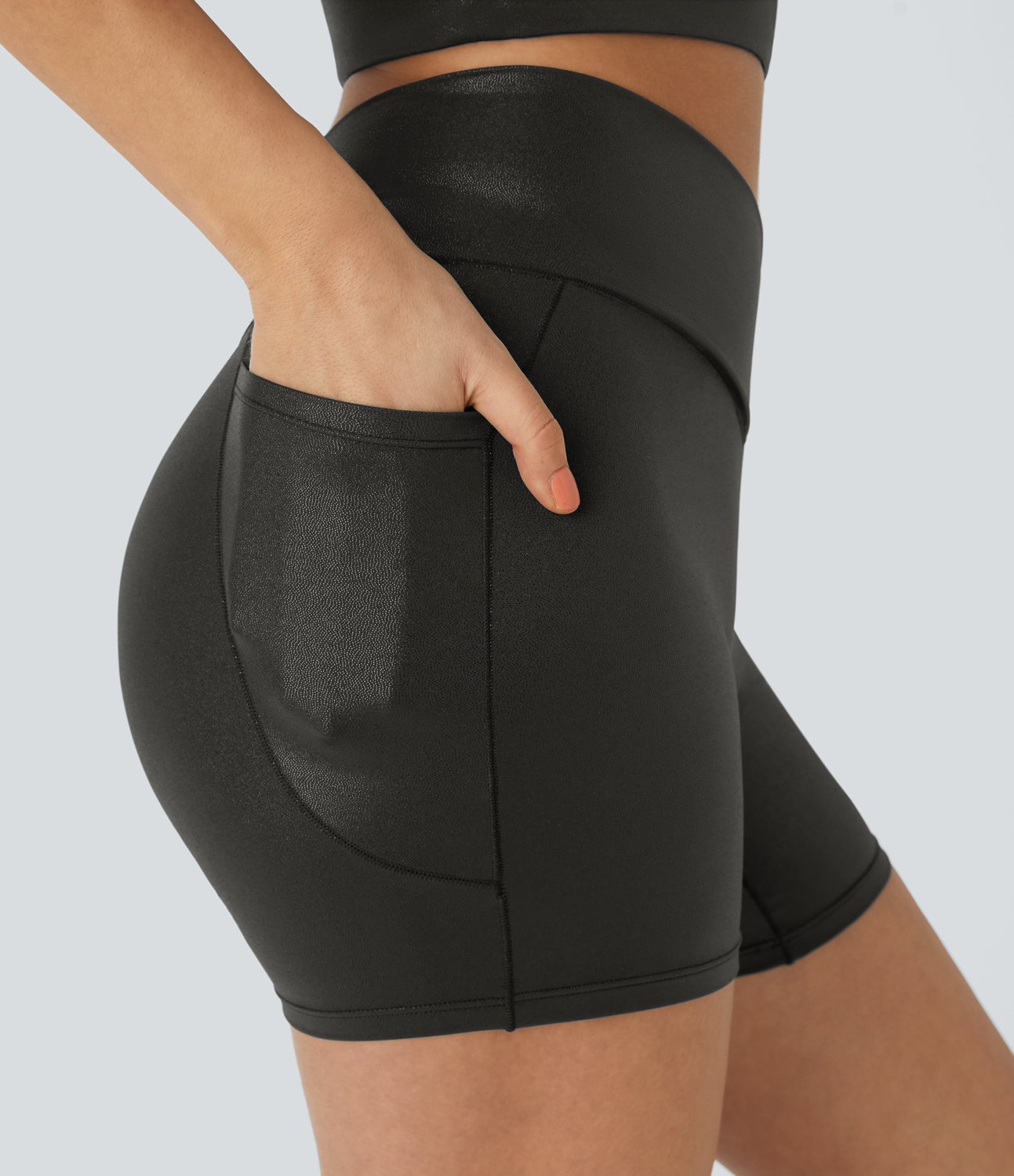 Halara Softlyzeroв„ў Faux Leather High Waisted Crossover Side Pocket Foil Print Stretchy Casual Biker Shorts 5