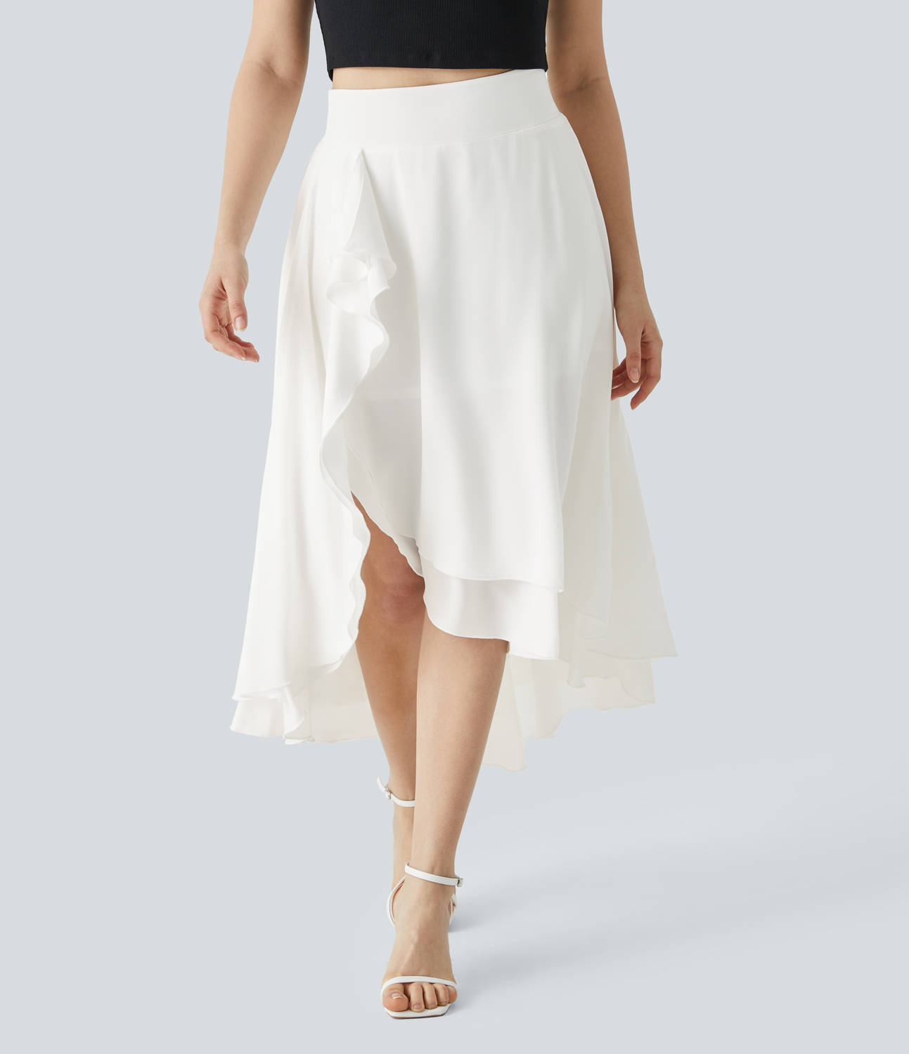 Halara High Waisted Ruffle Trim Split High Low 2-in-1 Flowy Resort Skirt  - White - M(regular) 