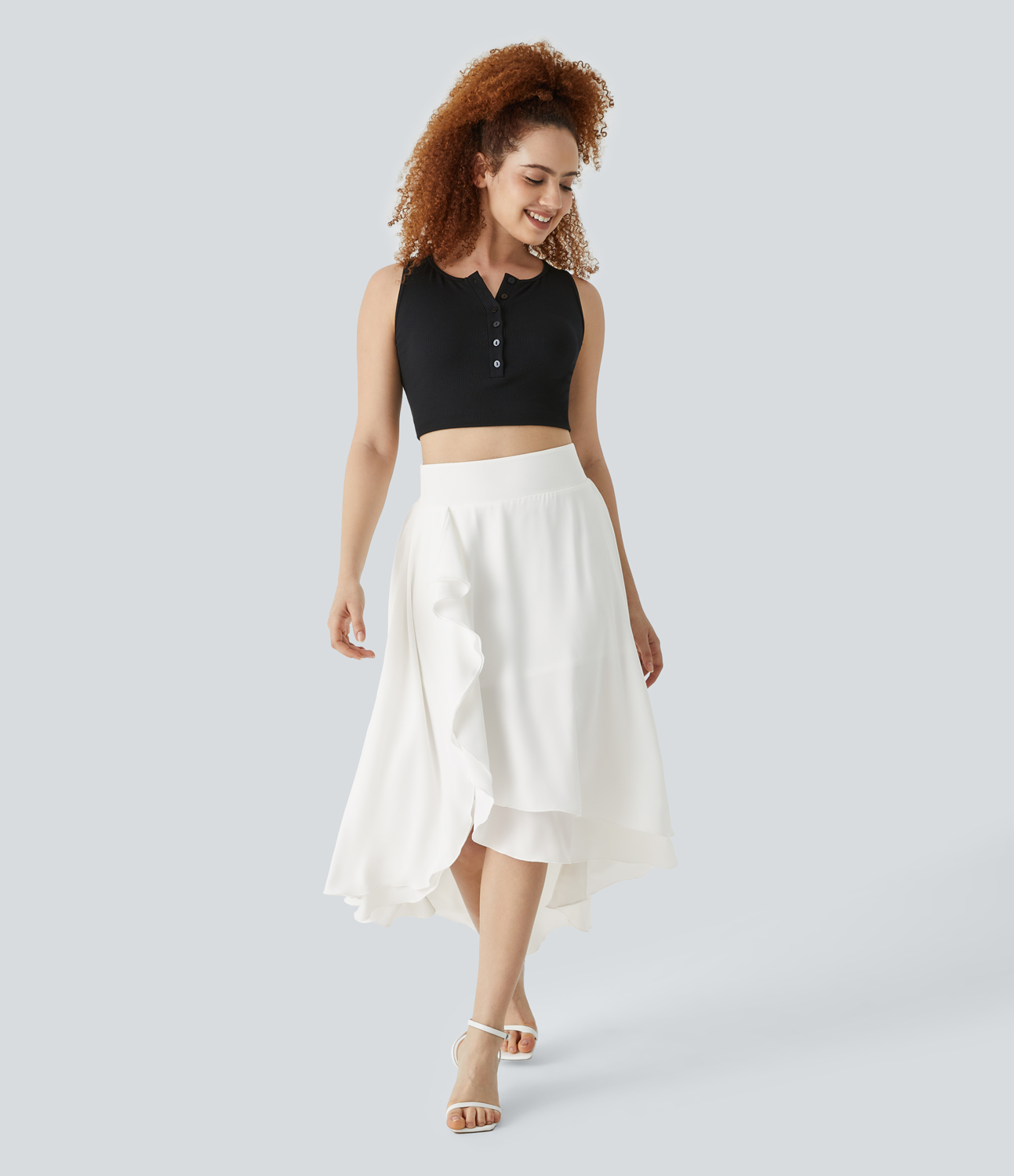 Halara High Waisted Ruffle Trim Split High Low 2-in-1 Flowy Resort Skirt  - White - M(regular) 