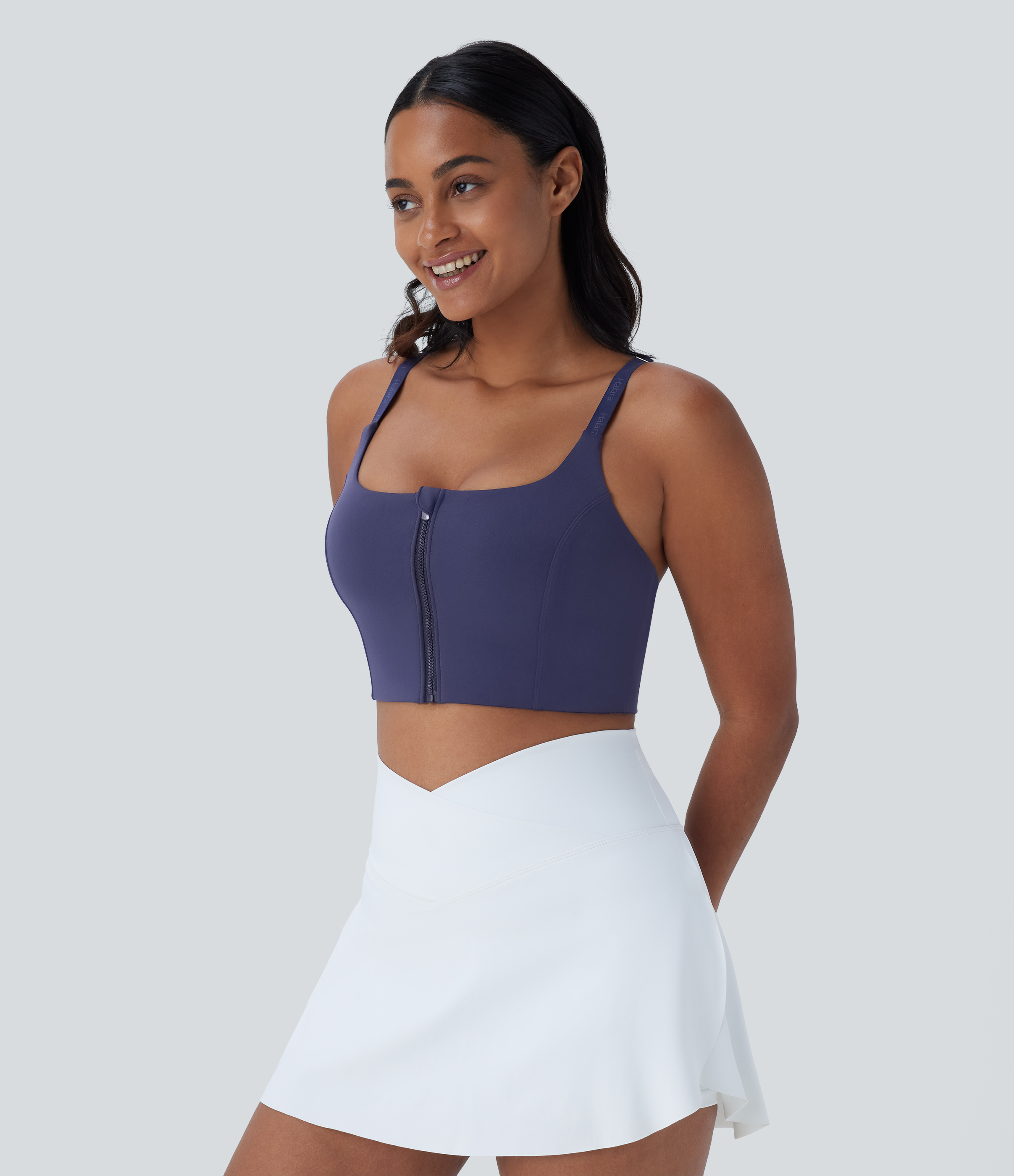 Halara Softlyzeroв„ў Low Support Backless Crisscross Adjustable Strap Zipper Yoga Sports Bra-UPF50+  - Peacoat - L push up bra strapless bra 