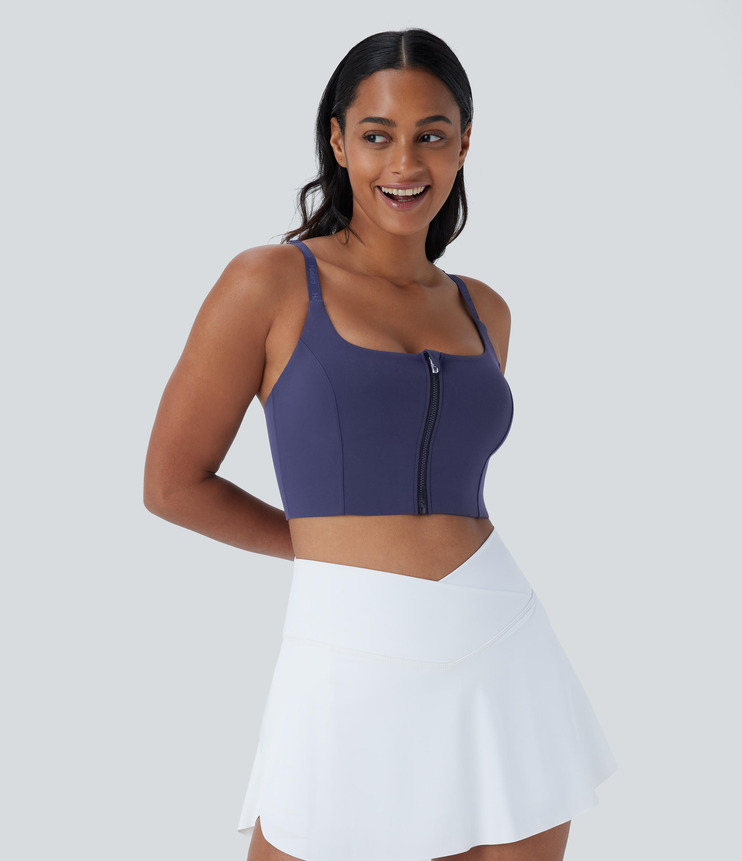 Halara Softlyzeroв„ў Low Support Backless Crisscross Adjustable Strap Zipper Yoga Sports Bra-UPF50+  - Peacoat - L push up bra strapless bra 
