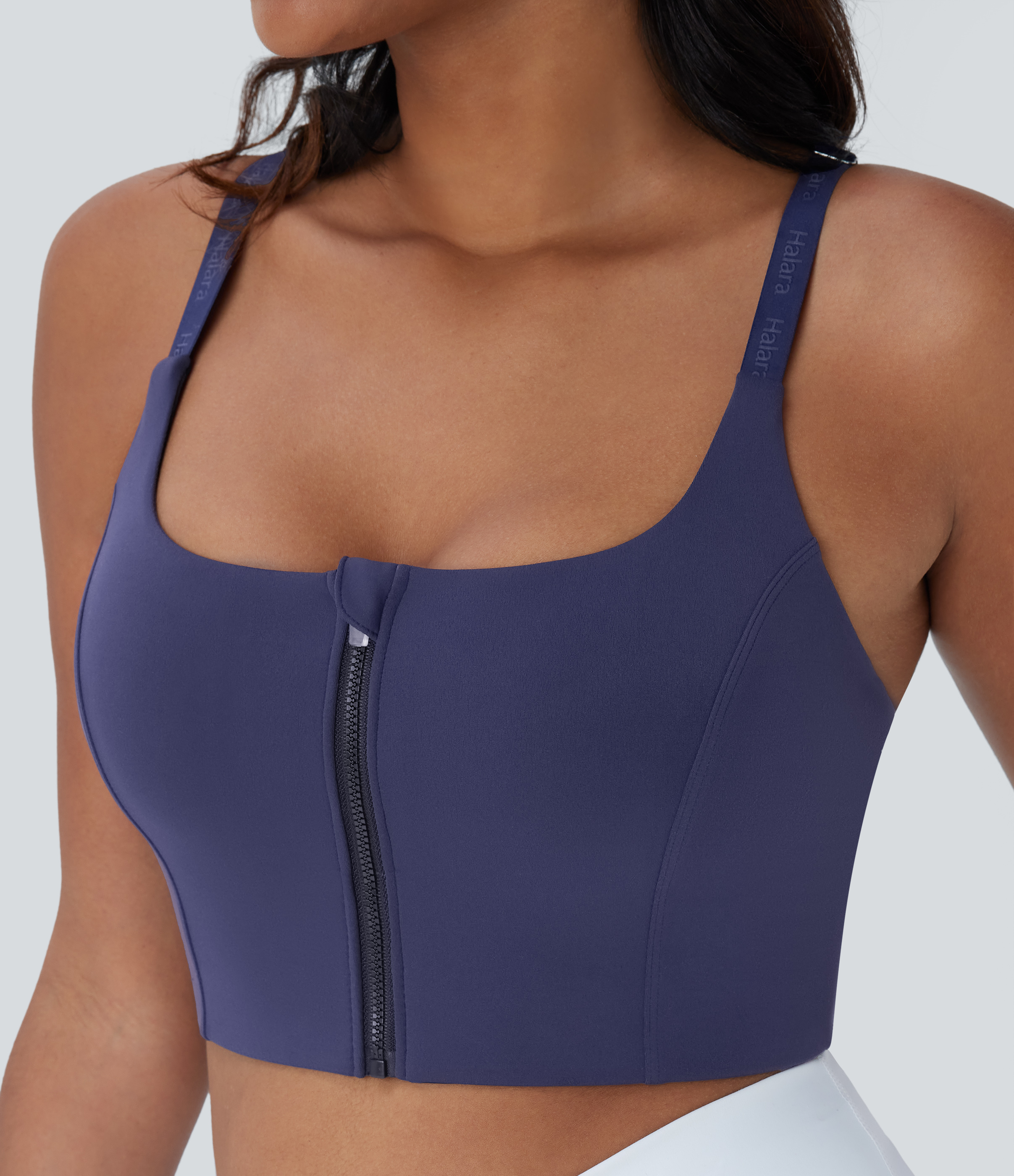 Halara Softlyzeroв„ў Low Support Backless Crisscross Adjustable Strap Zipper Yoga Sports Bra-UPF50+  - Peacoat - L push up bra strapless bra 