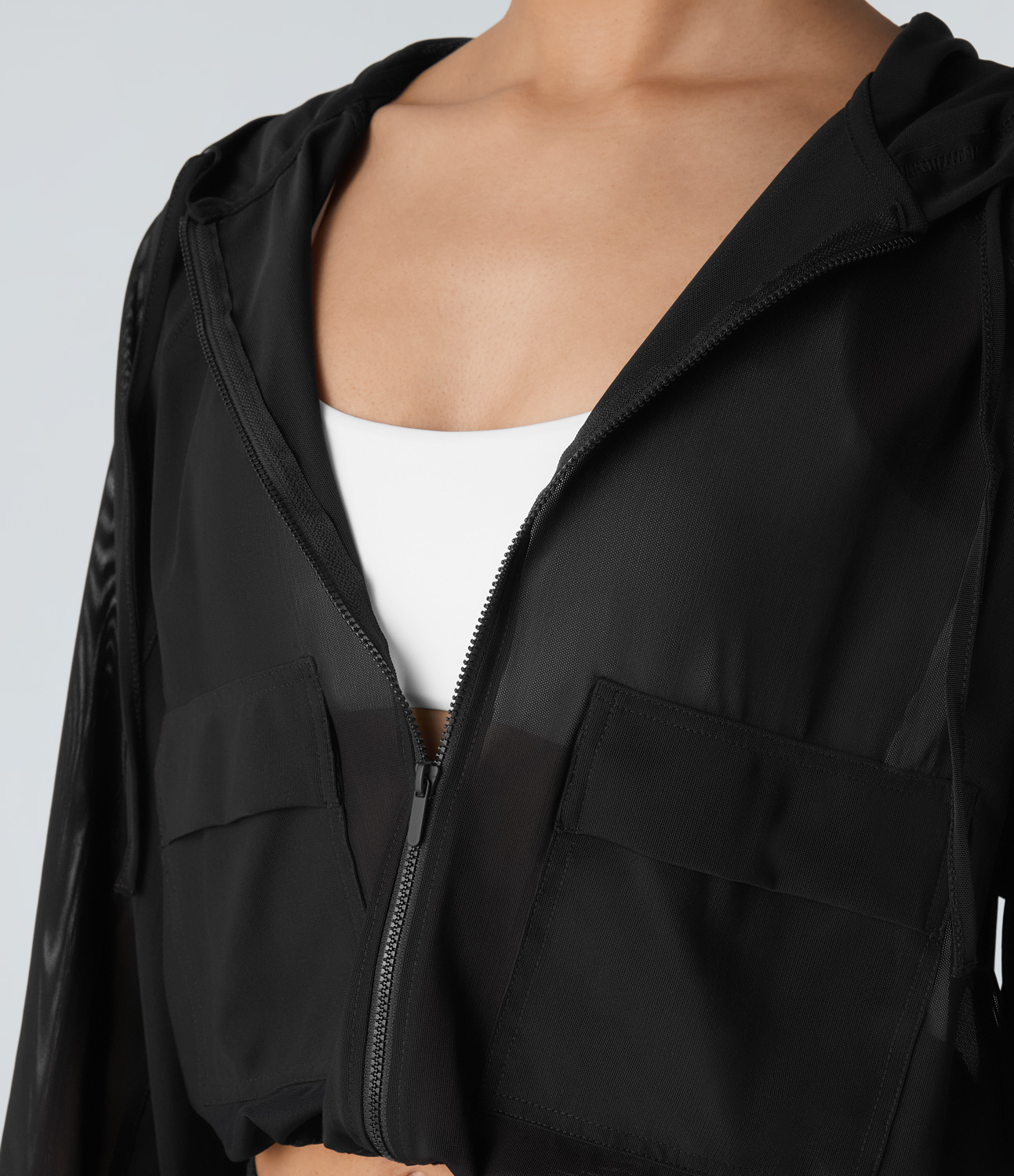 Halara Hooded Zipper Front Pocket Drawstring Hem Sheer Mesh Hiking Jacket  - Black - L 