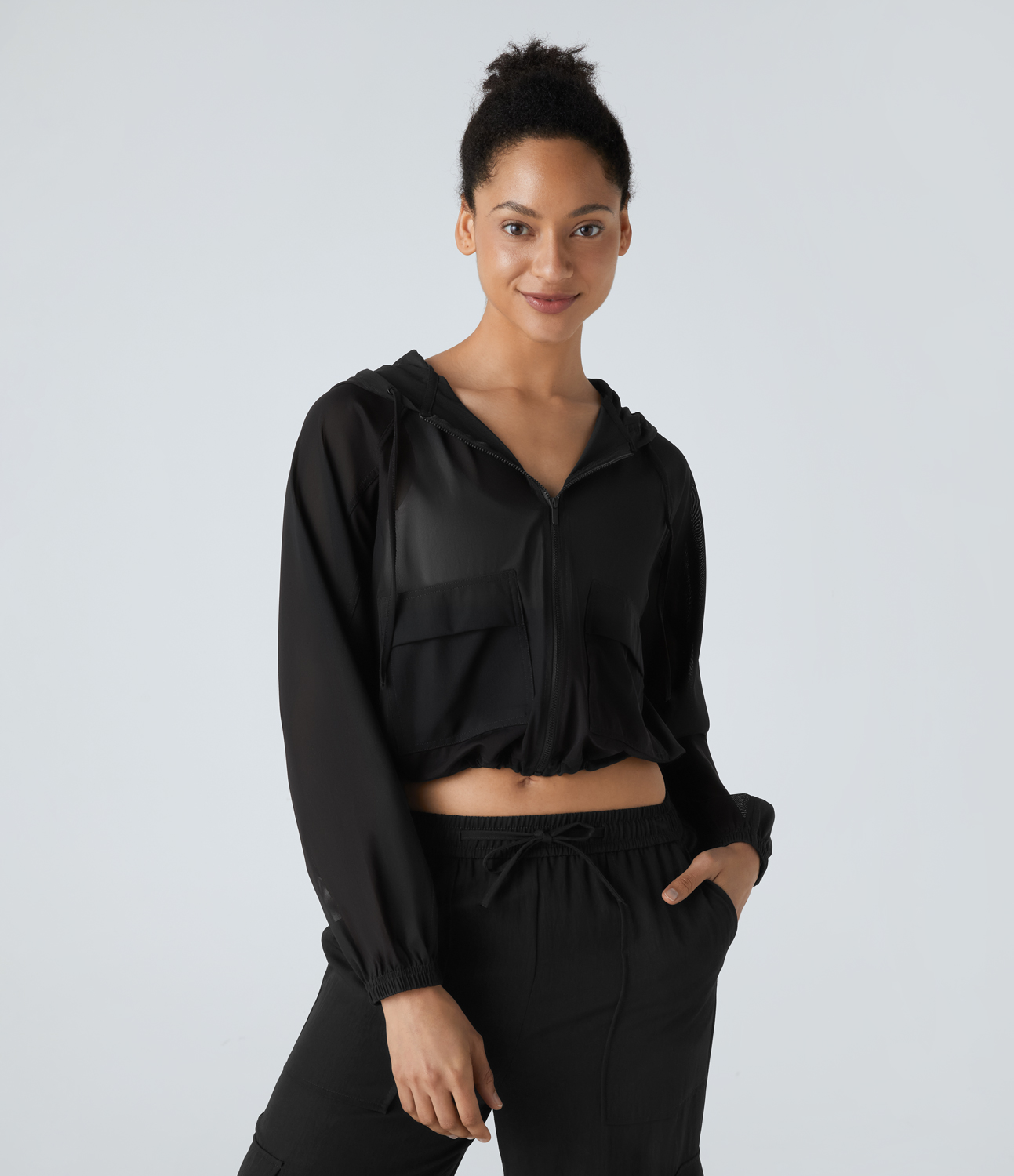 Halara Hooded Zipper Front Pocket Drawstring Hem Sheer Mesh Hiking Jacket  - Black - L 