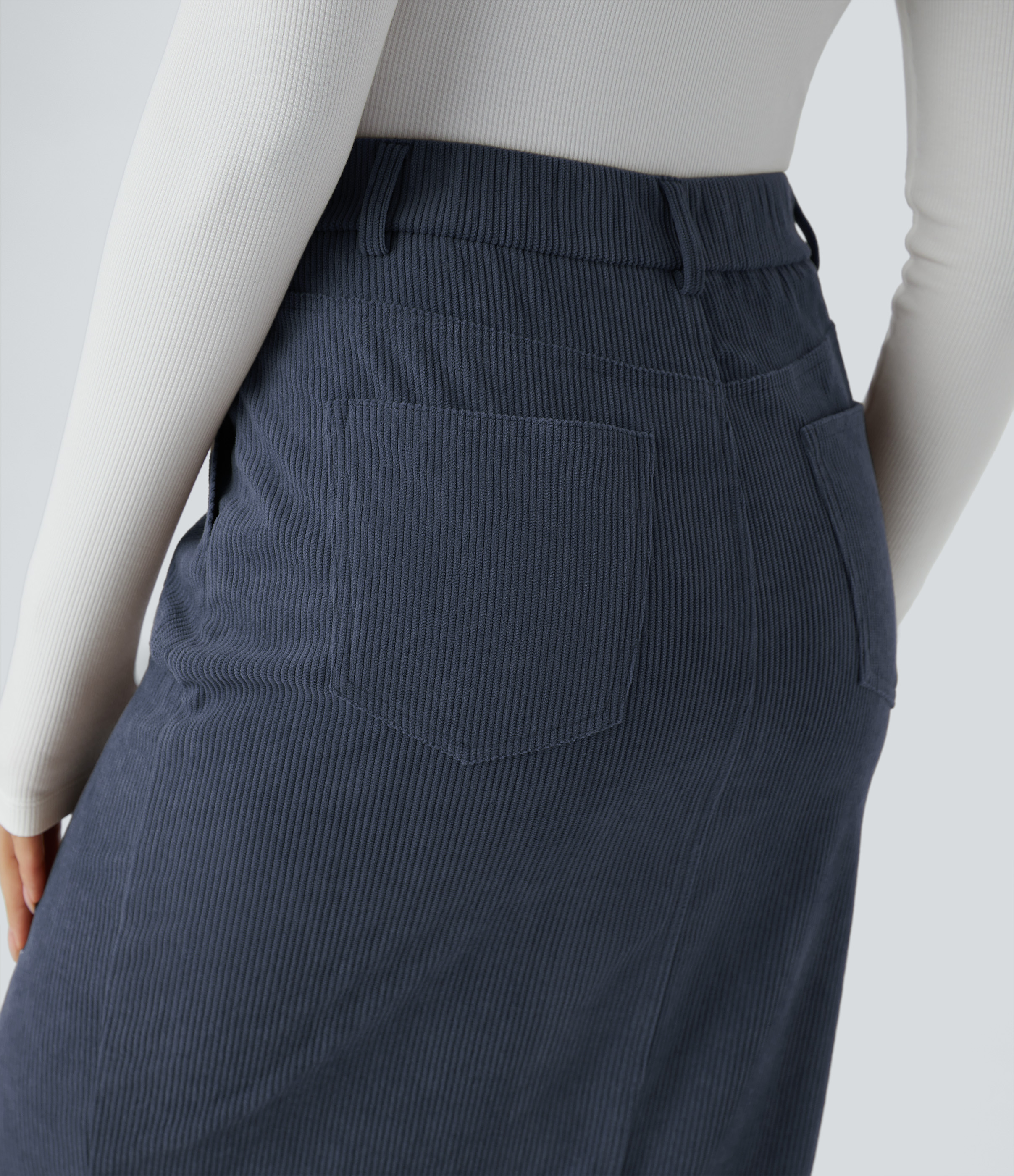 Halara High Waisted Button Zipper Multiple Pockets Split Midi Corduroy Work Skirt  - Foggy Blue - S(regular) 