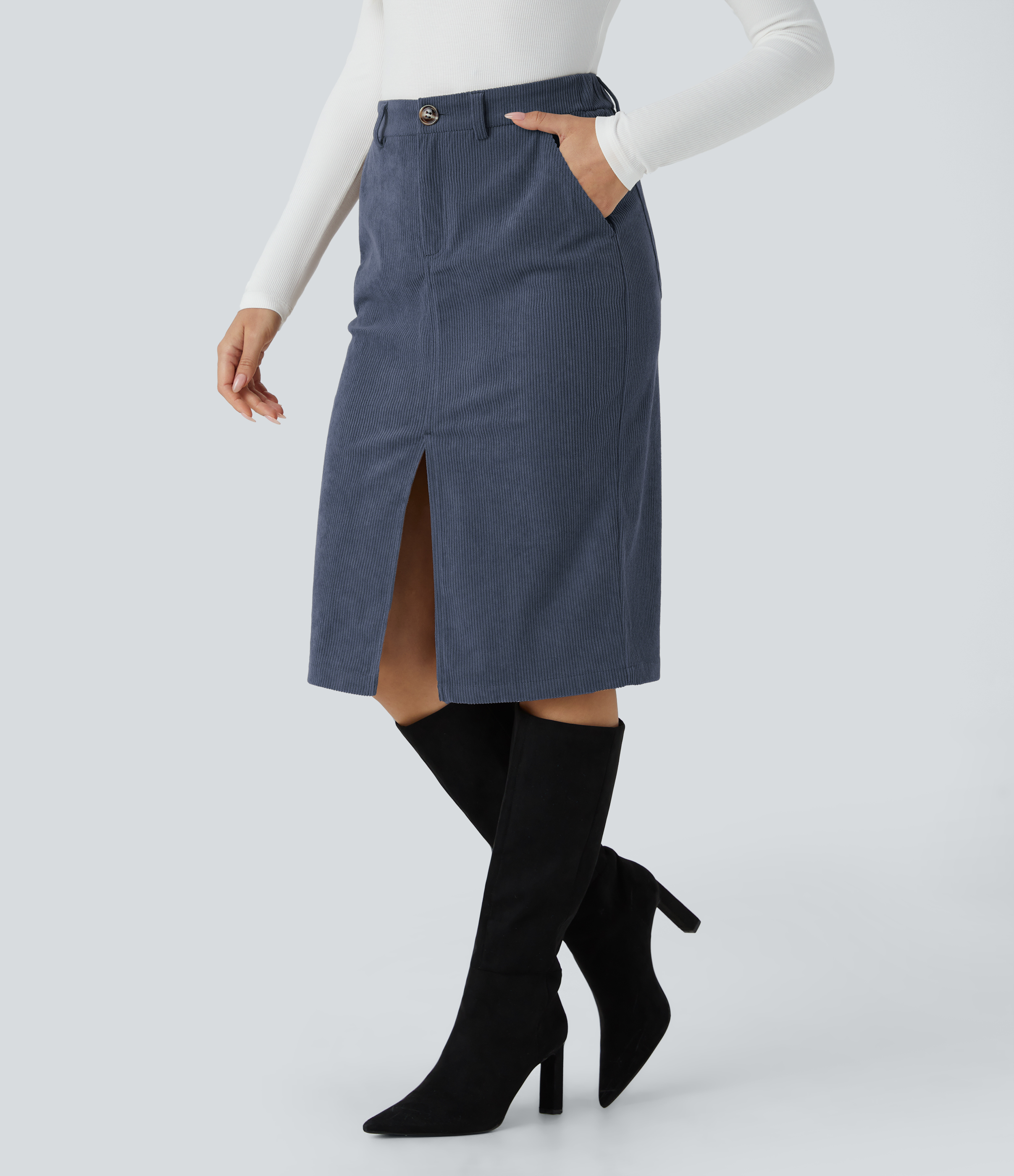 Halara High Waisted Button Zipper Multiple Pockets Split Midi Corduroy Work Skirt  - Foggy Blue - S(regular) 