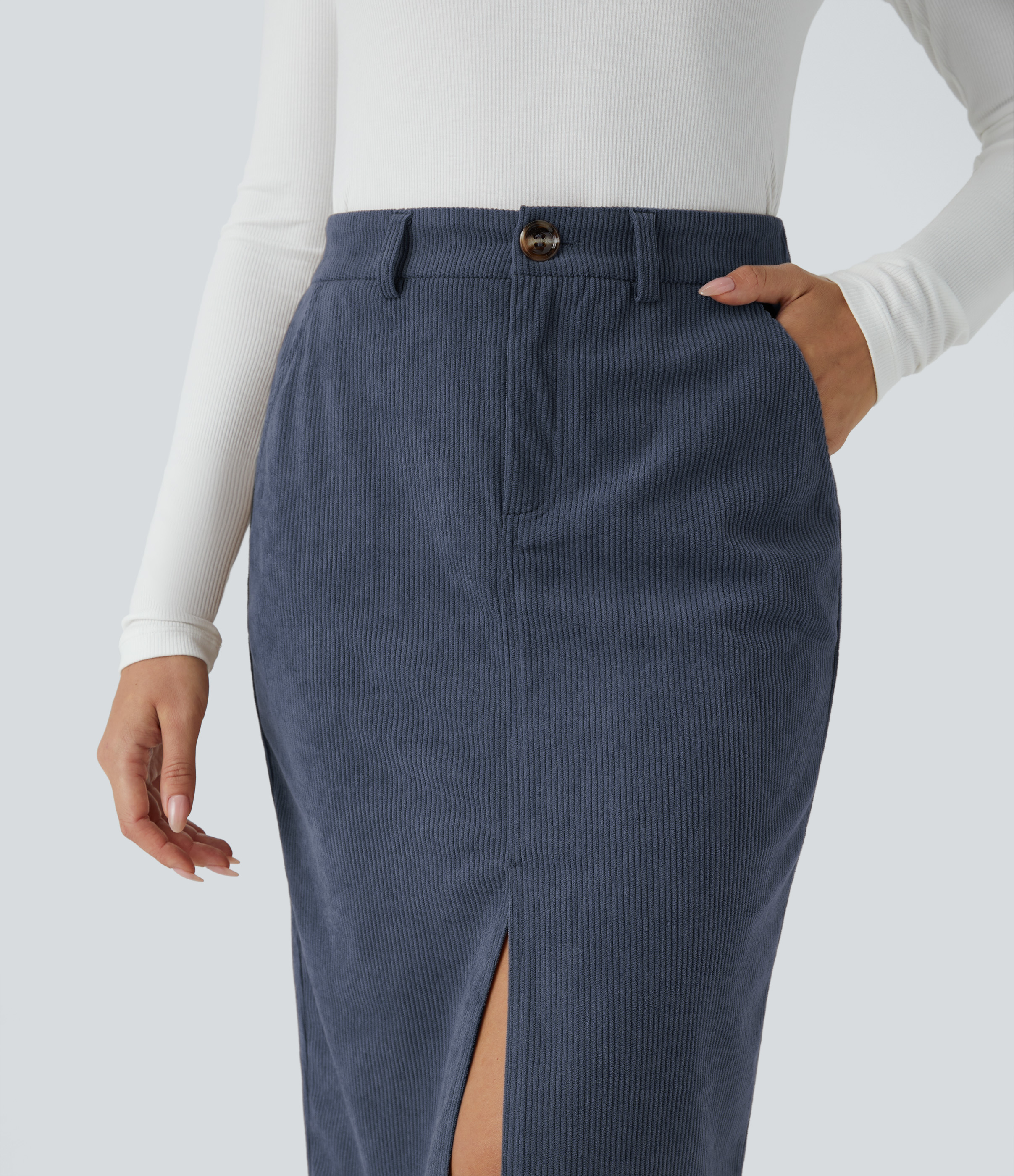 Halara High Waisted Button Zipper Multiple Pockets Split Midi Corduroy Work Skirt  - Foggy Blue - S(regular) 