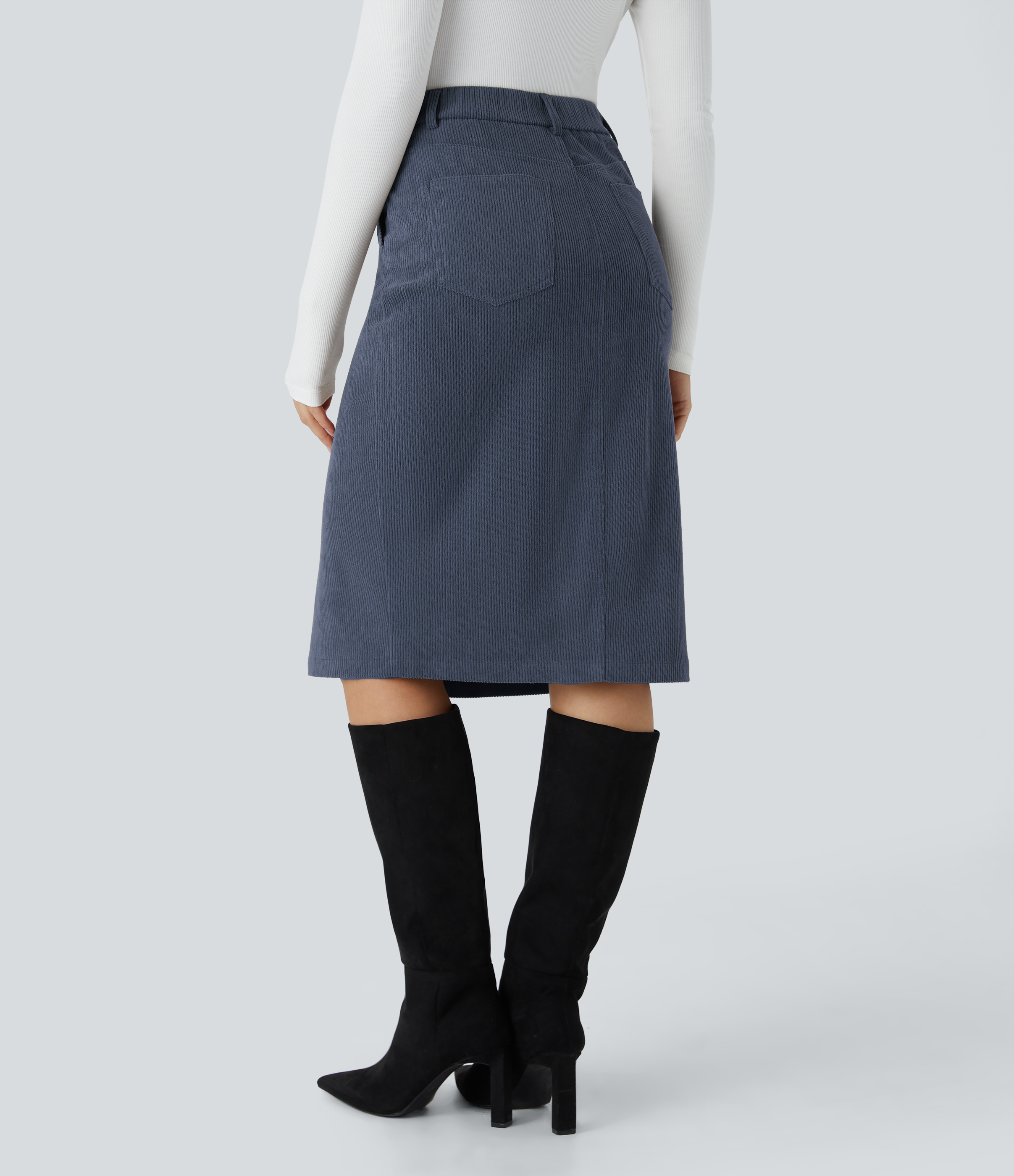 Halara High Waisted Button Zipper Multiple Pockets Split Midi Corduroy Work Skirt  - Foggy Blue - S(regular) 
