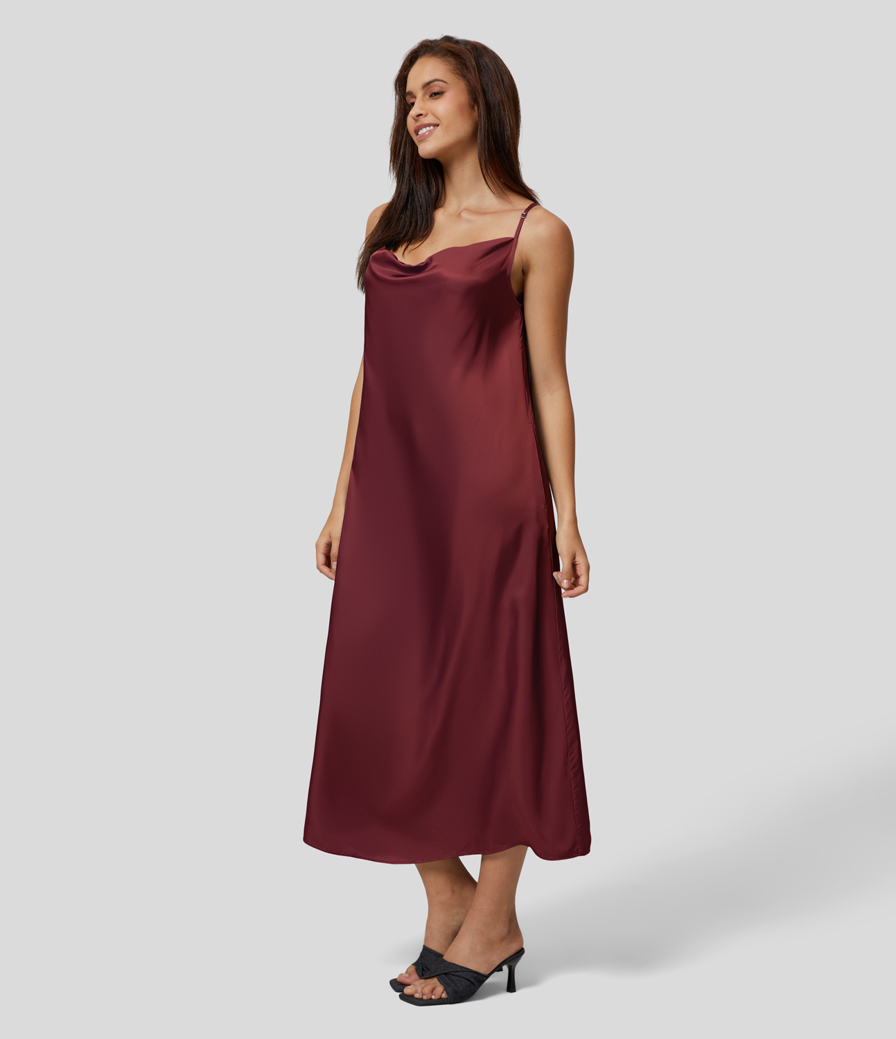 

Halara Cowl Neck Backless Back Button Side Pocket Solid Satin-Like Casual Slip Dress Casual Dress - Burnt Russet -  slip dress beach dress