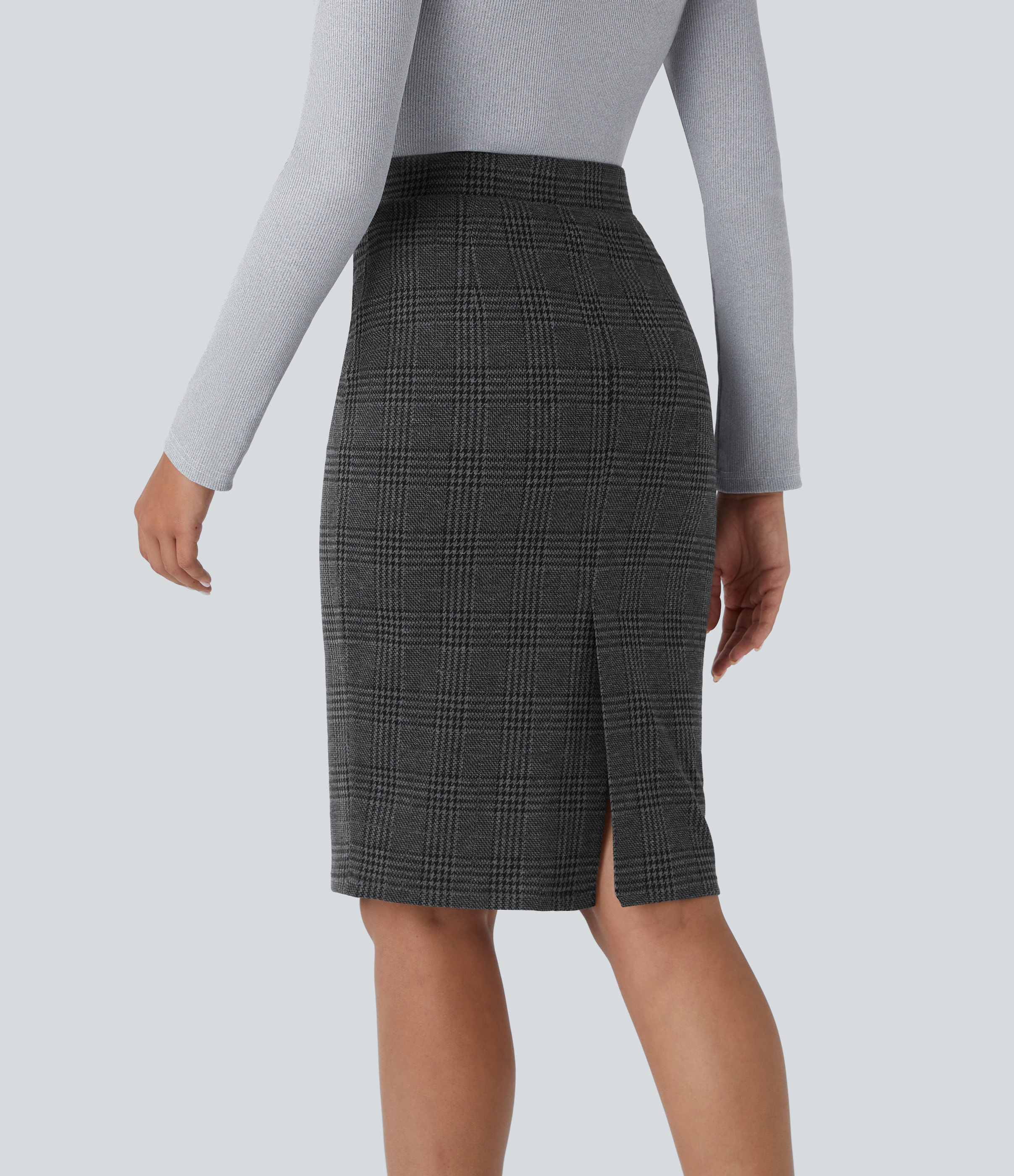 Halara High Waisted Split Hem Houndstooth Plaid Work Pencil Skirt  - Charcoal Black Houndstooth Plaid - S(regular) 