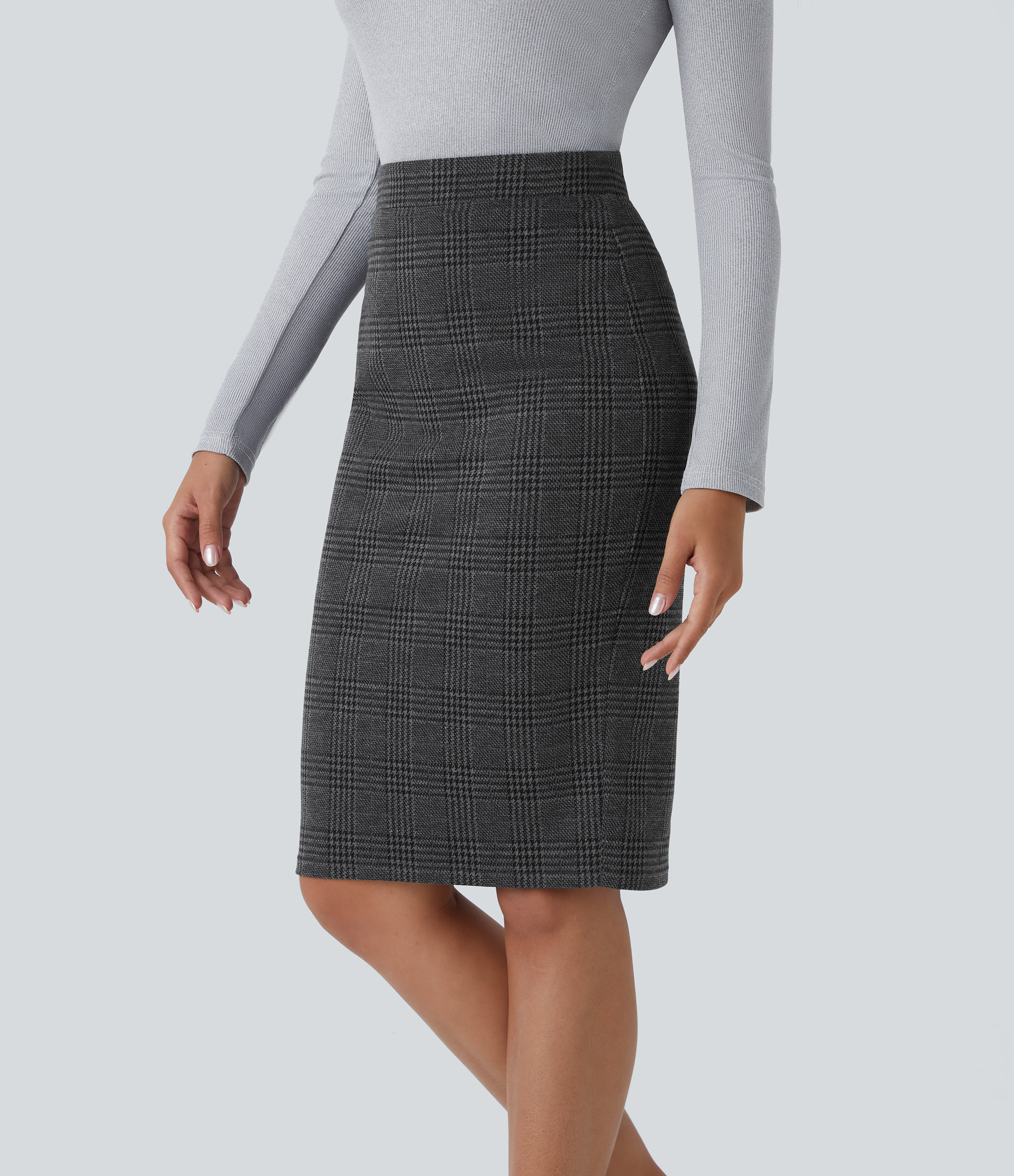Halara High Waisted Split Hem Houndstooth Plaid Work Pencil Skirt  - Charcoal Black Houndstooth Plaid - S(regular) 