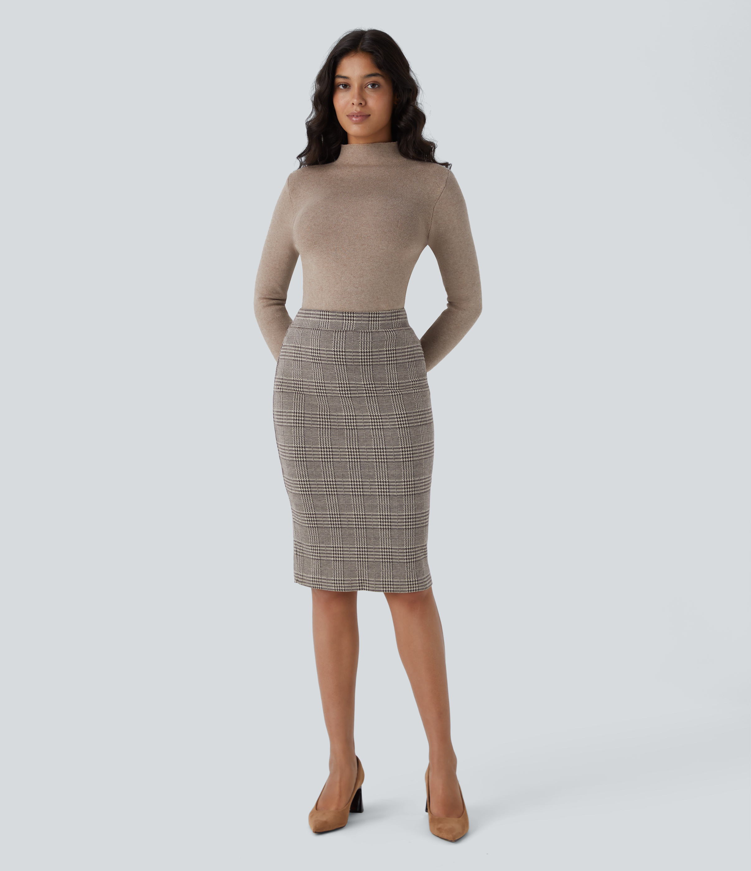Halara High Waisted Split Hem Houndstooth Plaid Work Pencil Skirt  - Brown Houndstooth Plaid - L(regular) 