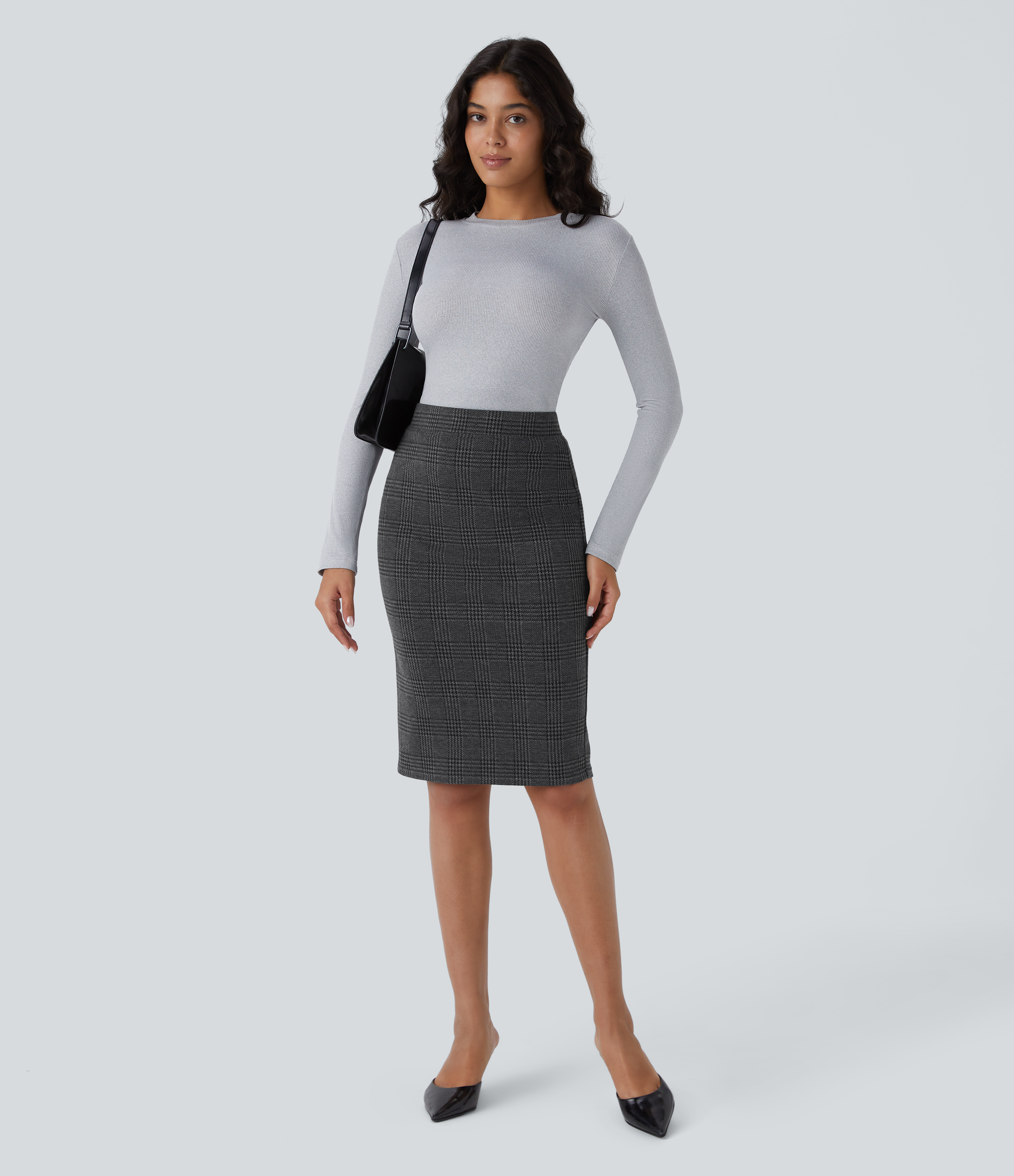 Halara High Waisted Split Hem Houndstooth Plaid Work Pencil Skirt  - Charcoal Black Houndstooth Plaid - S(regular) 