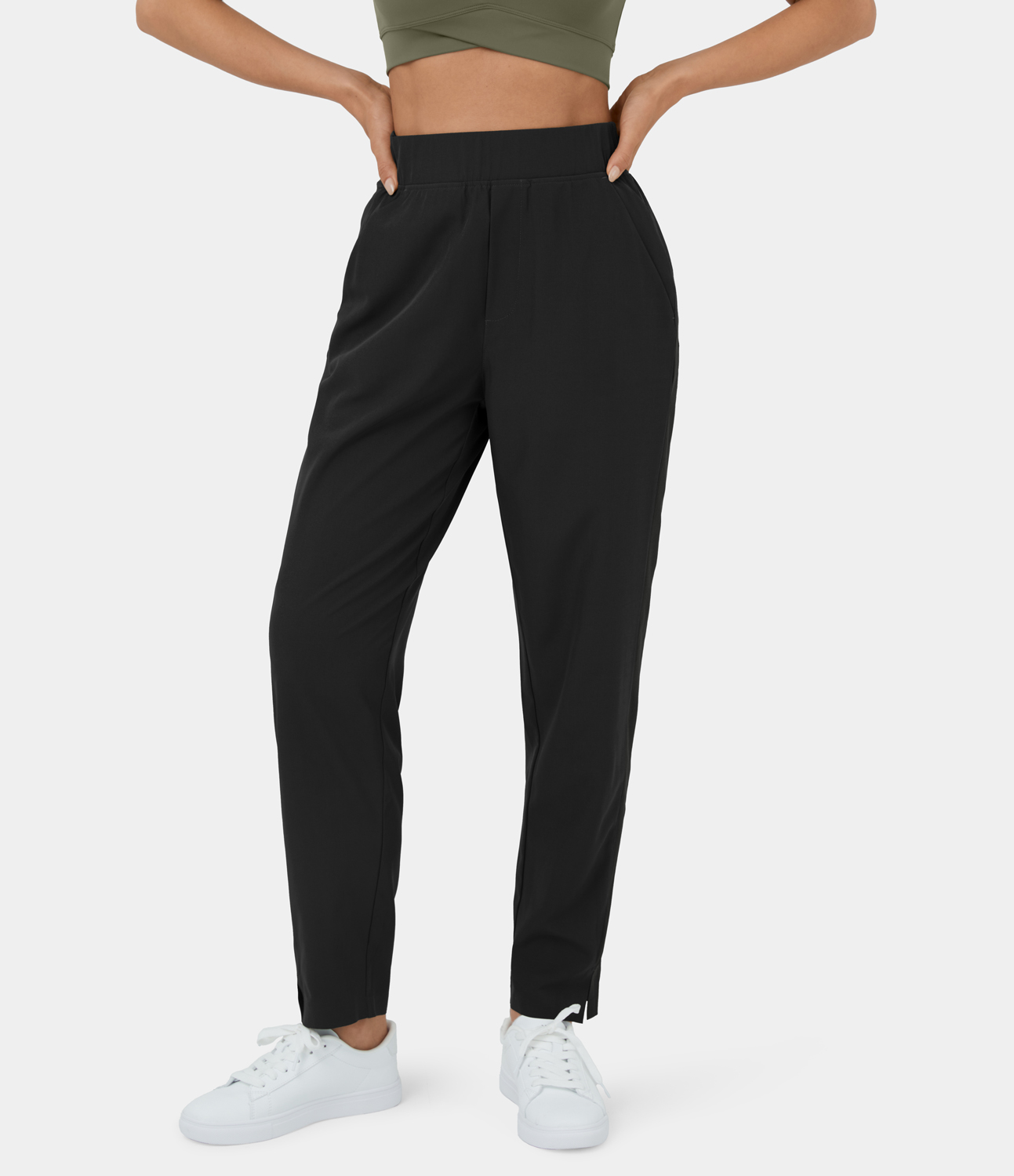 Halara Mid Rise Ribbed Multiple Pockets Zipper Split Ankle Length Casual Pants  - Black - XS 