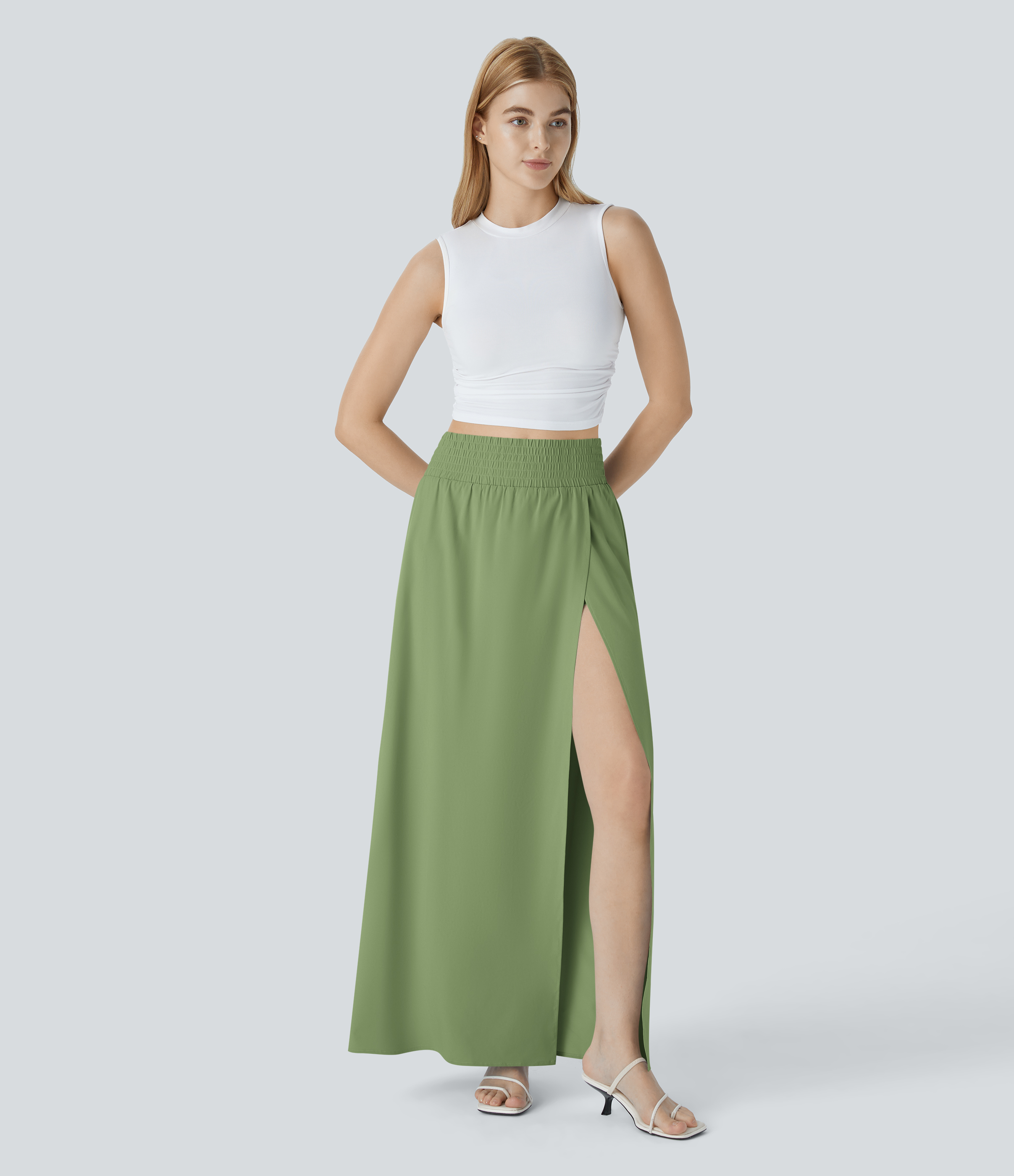 Halara Breezefulв„ў High Waisted Split 2-in-1 Side Pocket Flowy Maxi Quick Dry Casual Skirt  - Hot Wasabi - Green - L(regular) 