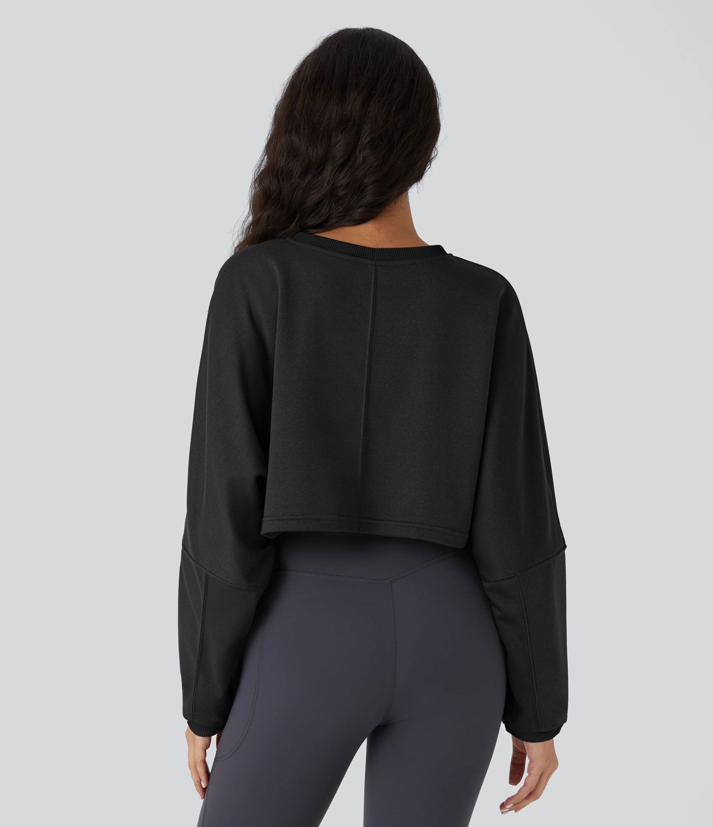 Halara Round Neck Batwing Sleeve Cropped Relaxed Casual Sweatshirt  - Black - L 