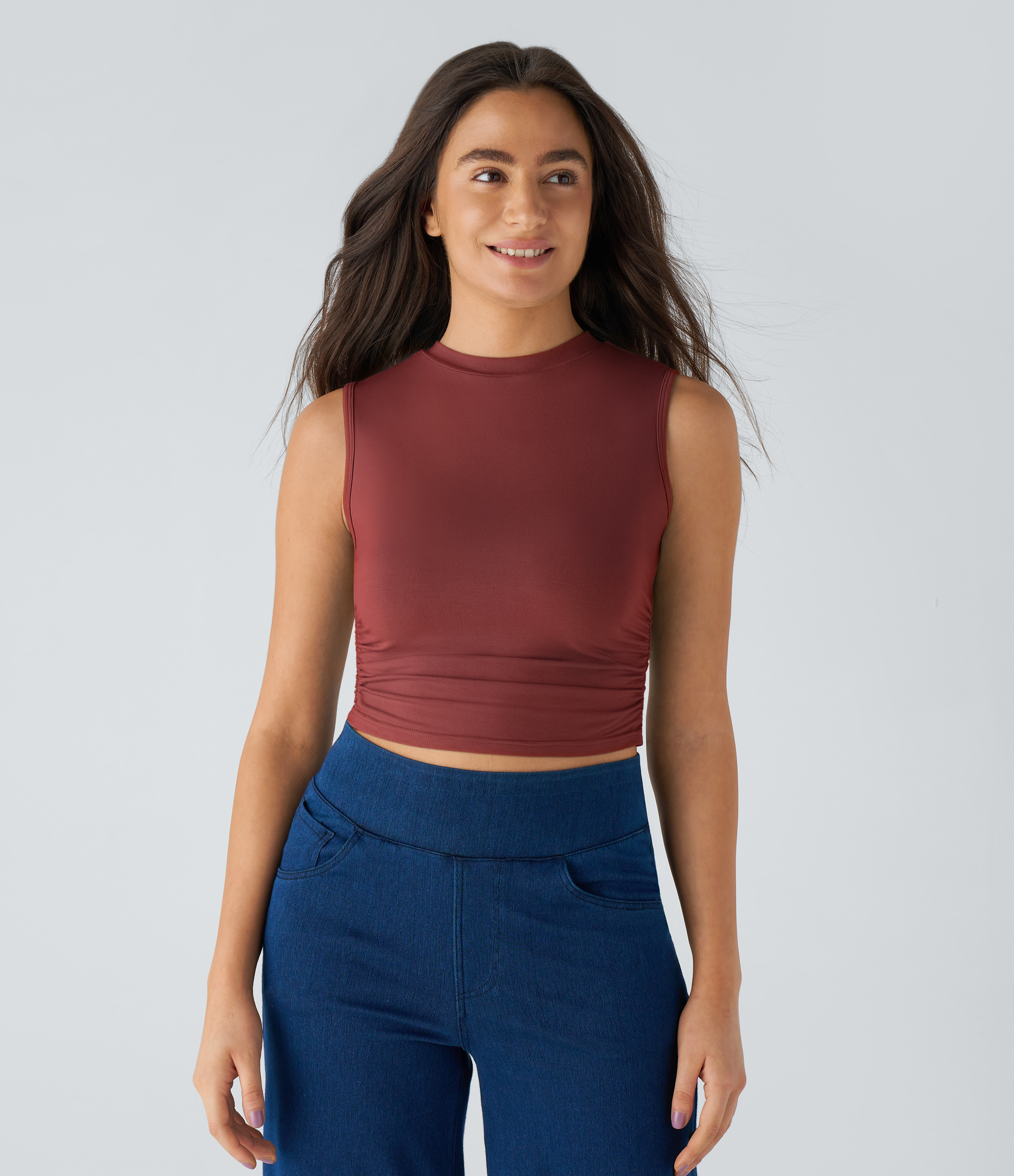 Halara Round Neck Ruched Skinny Cropped Casual Tank Top Tank Top - New Maroon - XL golf tops halter top tunic tops sleeveless tops 