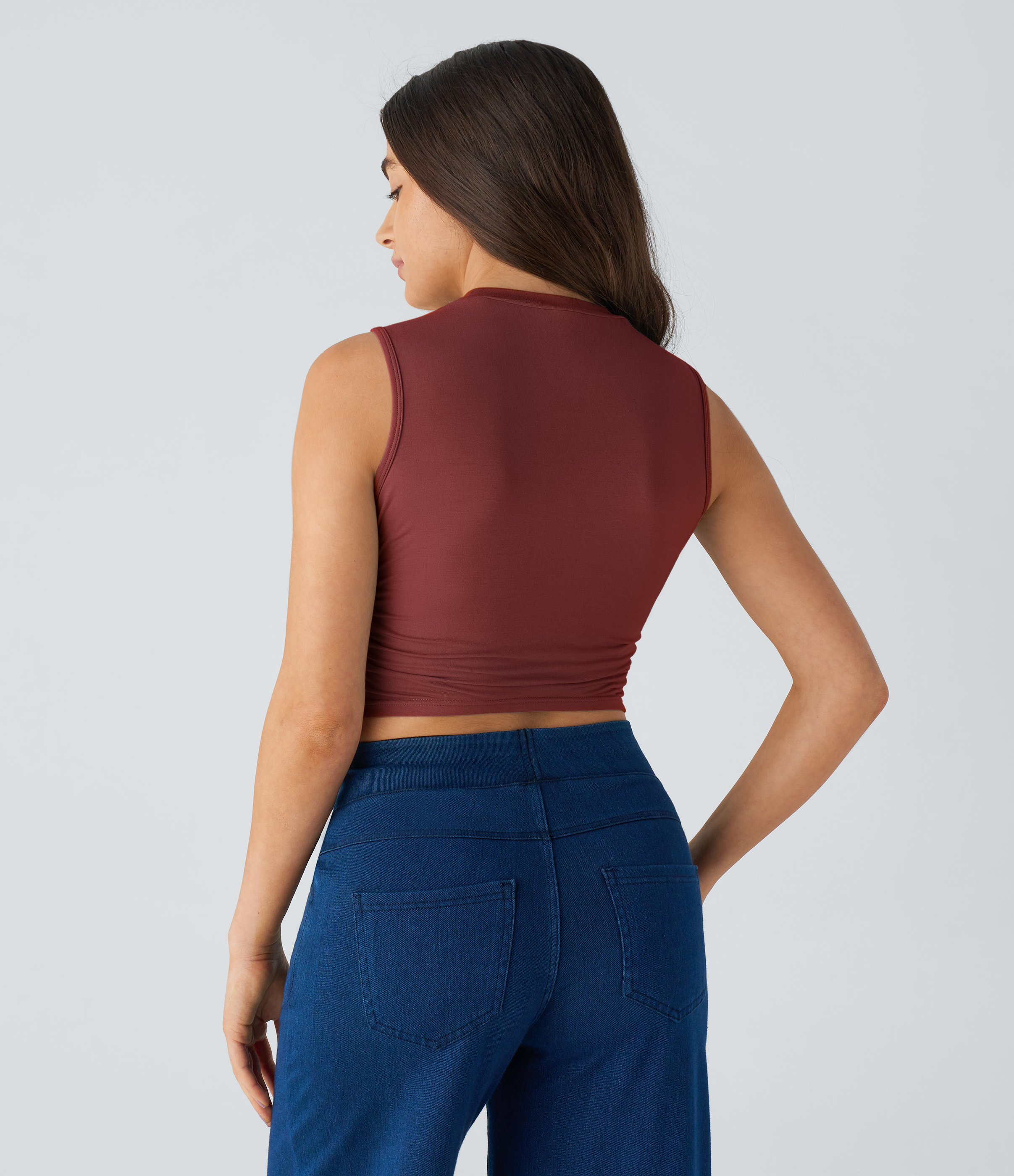 Halara Round Neck Ruched Skinny Cropped Casual Tank Top Tank Top - New Maroon - XL golf tops halter top tunic tops sleeveless tops 