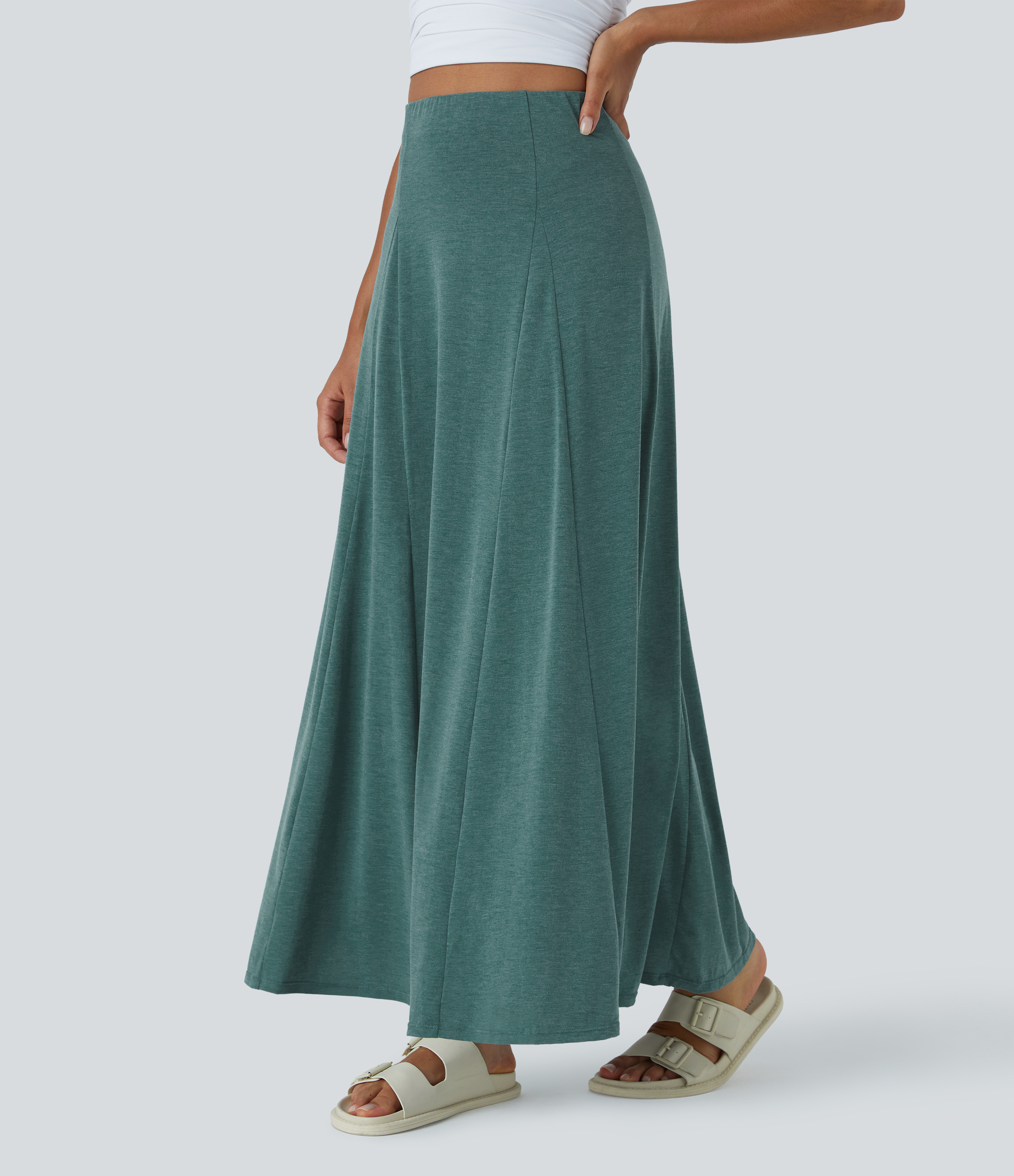 Halara High Waisted Side Zipper Maxi Casual Flare Skirt  - Jade Green Floral Yarn - XS(regular) 