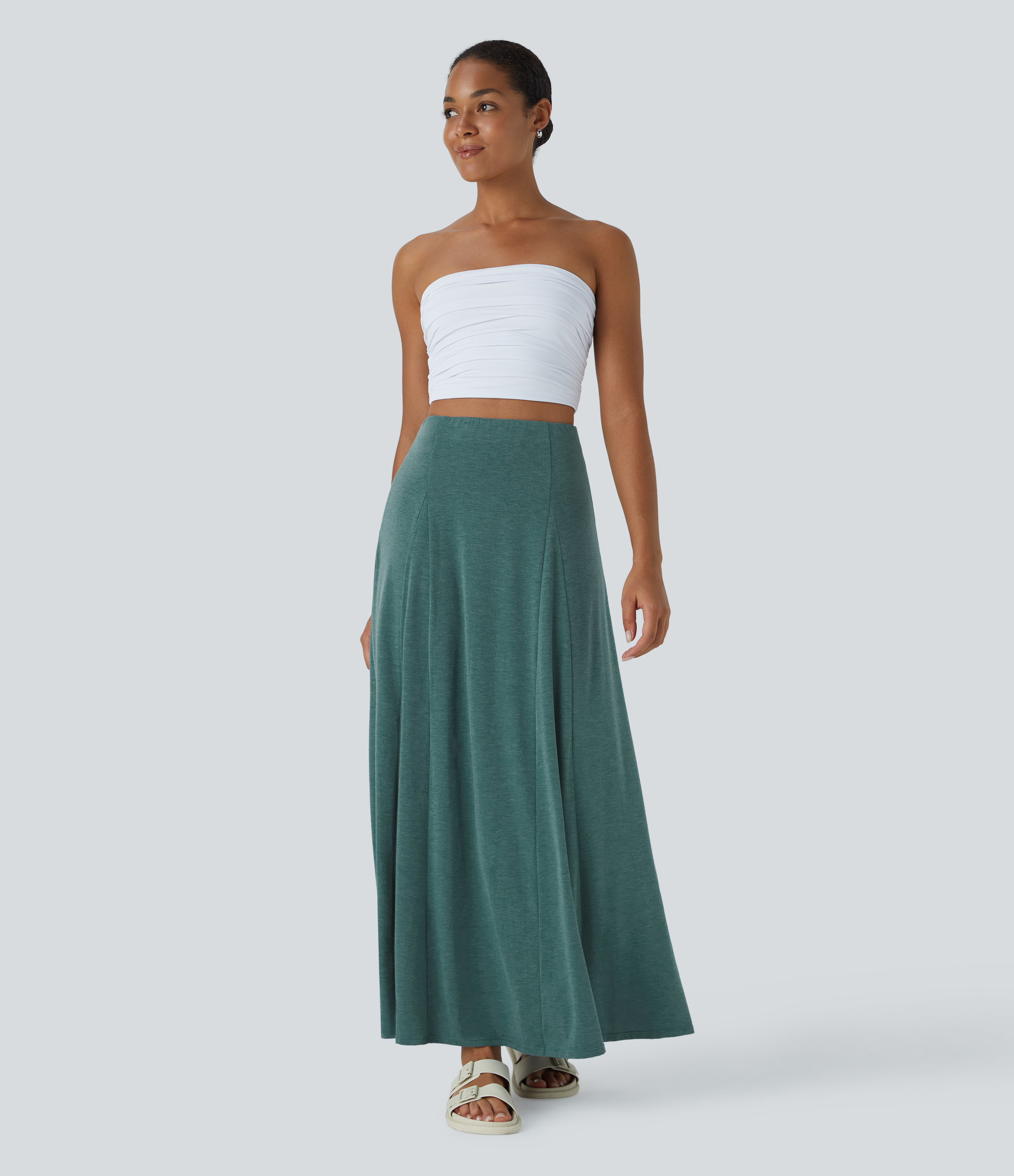 Halara High Waisted Side Zipper Maxi Casual Flare Skirt  - Jade Green Floral Yarn - XS(regular) 