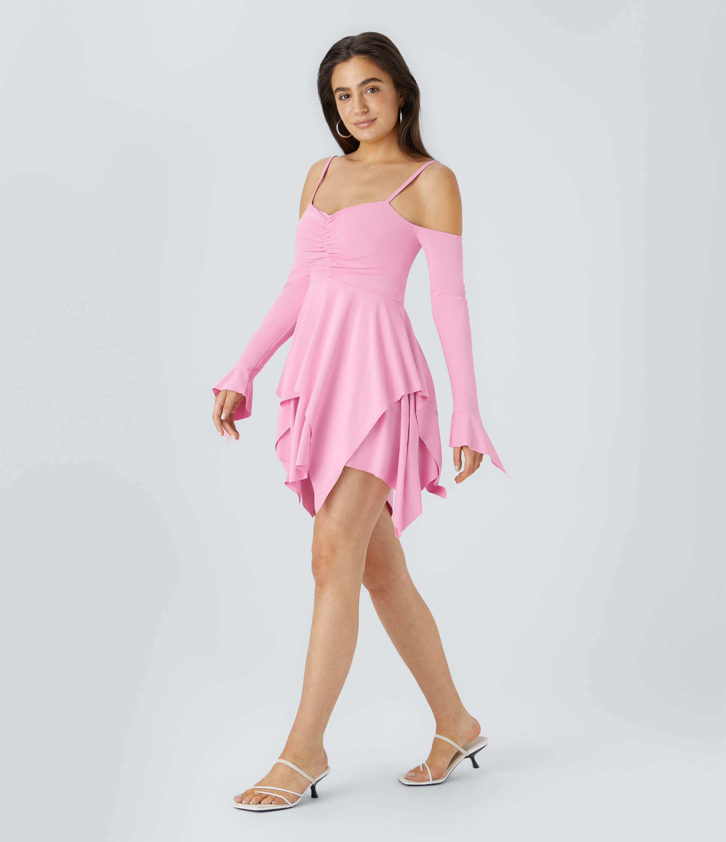 Halara Adjustable Strap Ruched Backless Long Sleeve Layered Hanky Hem Mini Casual Dress Casual Dress - Nosegay - S slip dress beach dress 