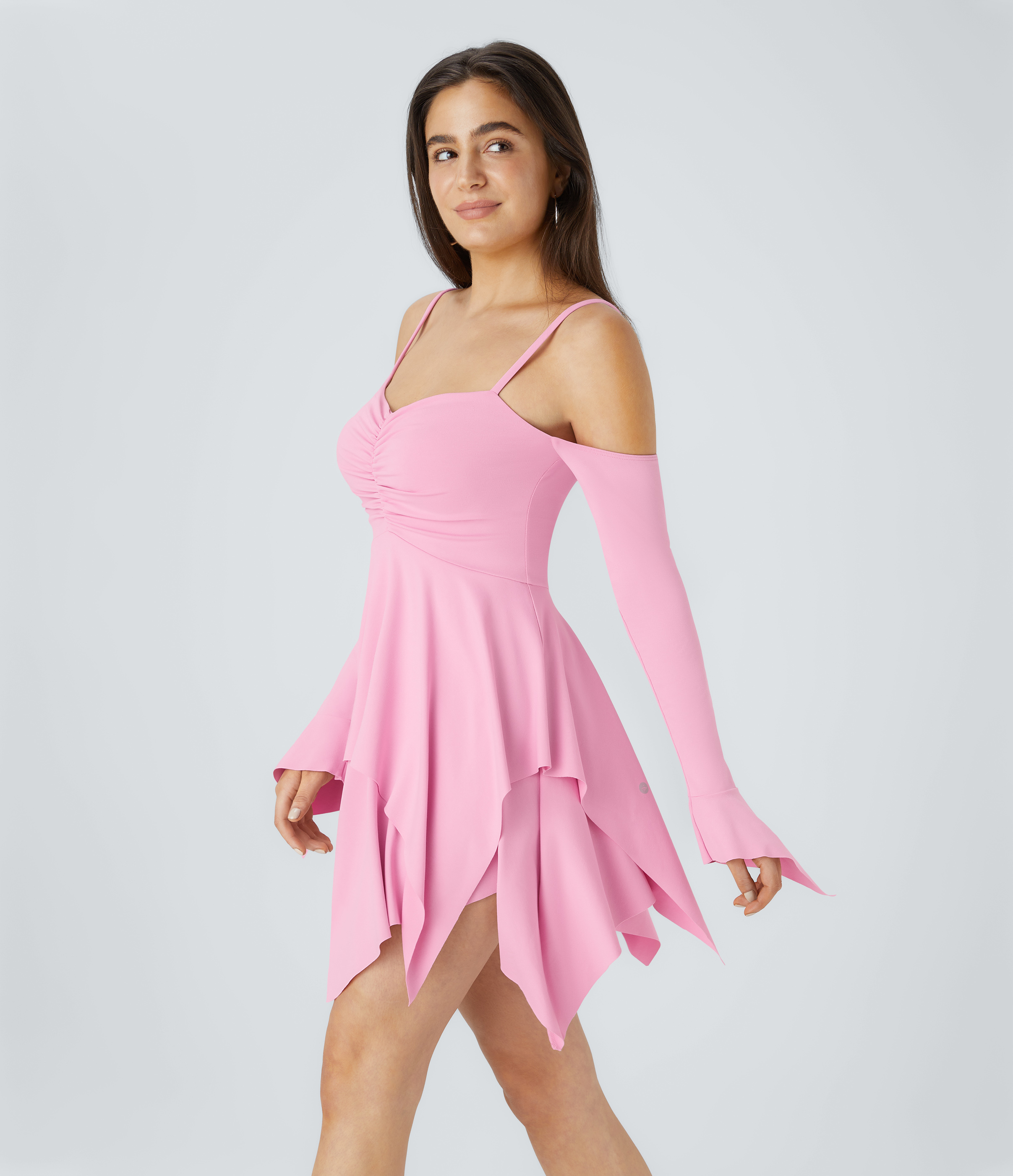 Halara Adjustable Strap Ruched Backless Long Sleeve Layered Hanky Hem Mini Casual Dress Casual Dress - Nosegay - S slip dress beach dress 