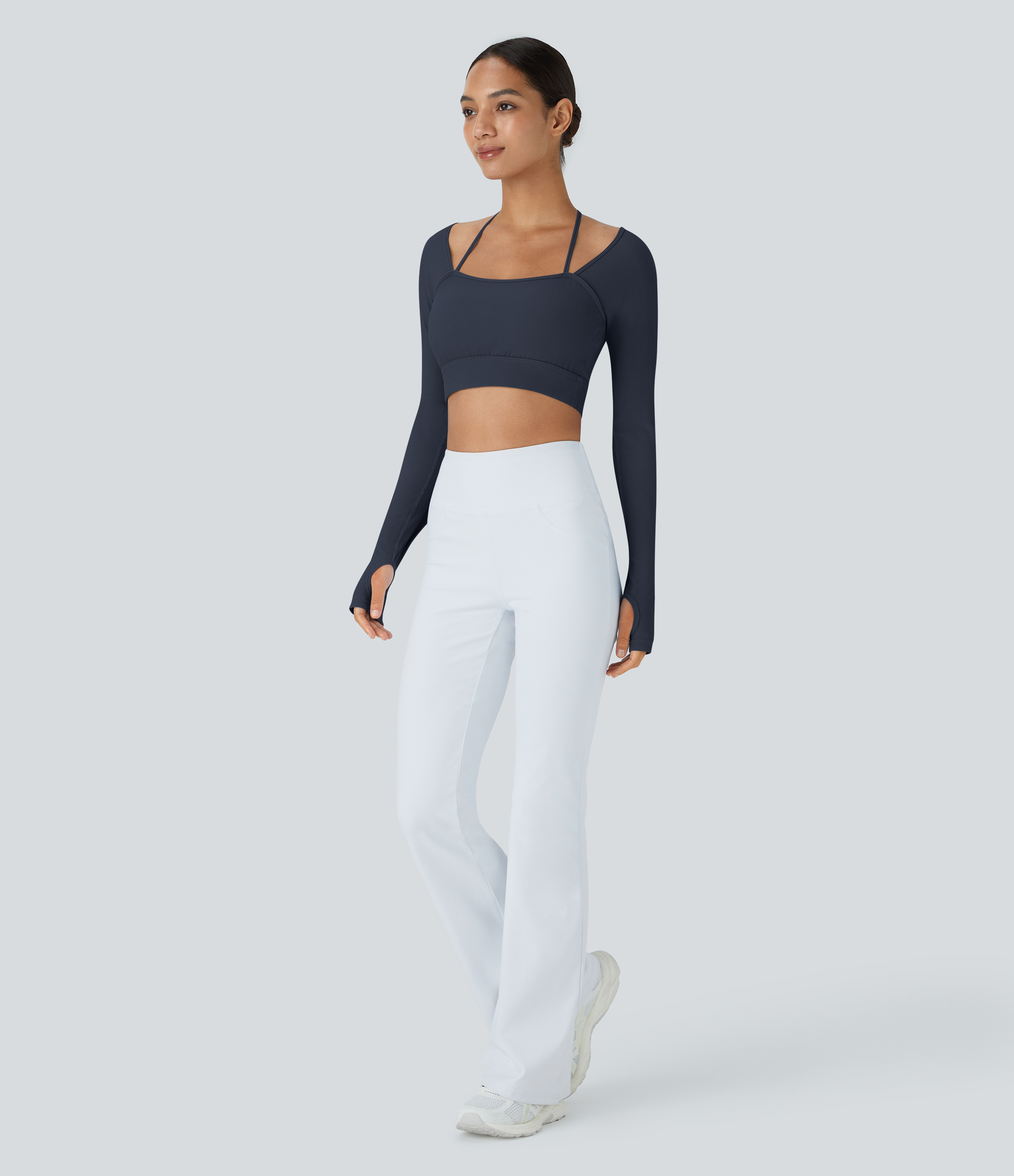 Halara Ribbed Halter Strap Thumb Hole Cropped Yoga Sports Top  - Navy Blazer - M 
