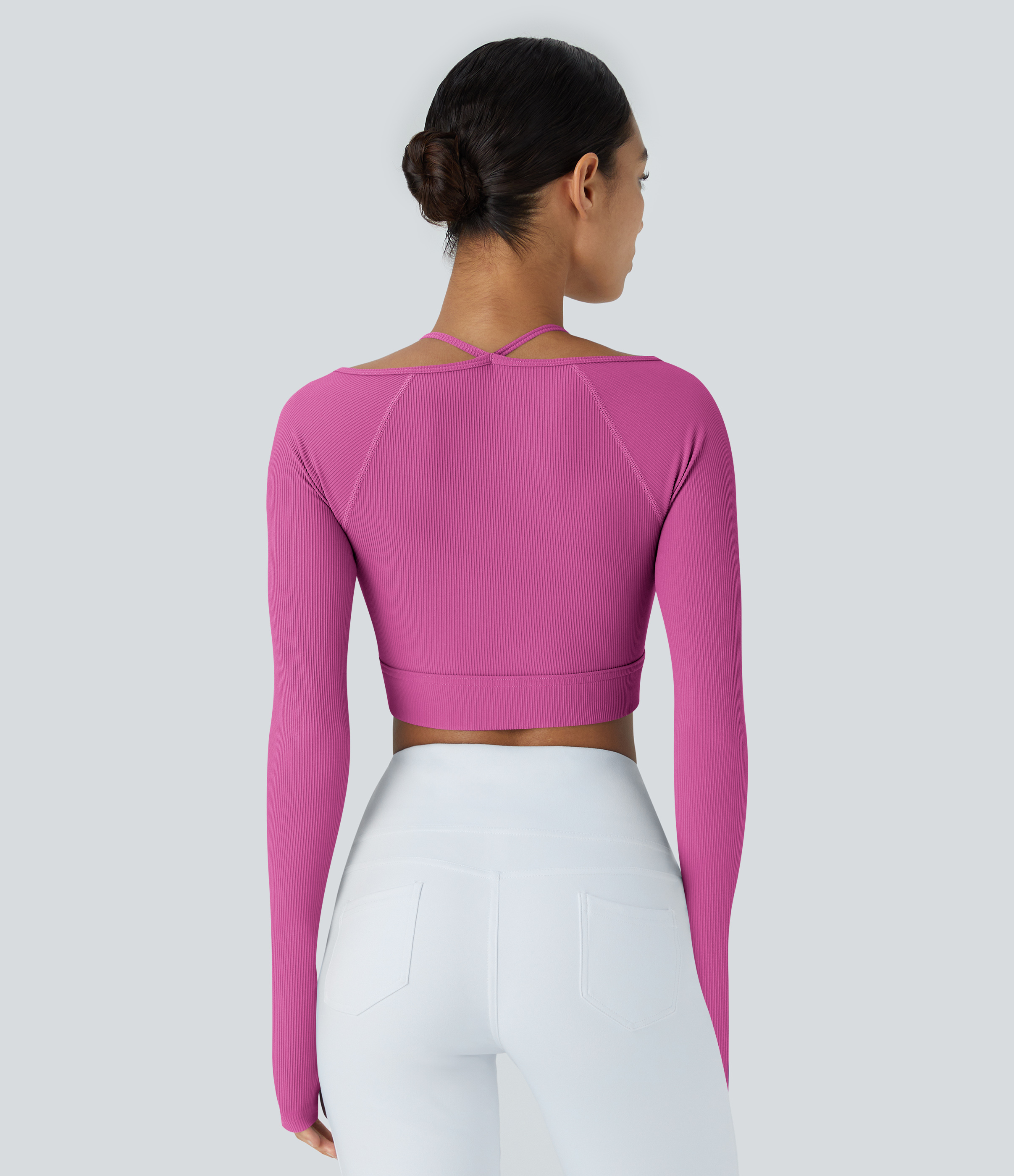Halara Ribbed Halter Strap Thumb Hole Cropped Yoga Sports Top  - Purple Orchid - S 