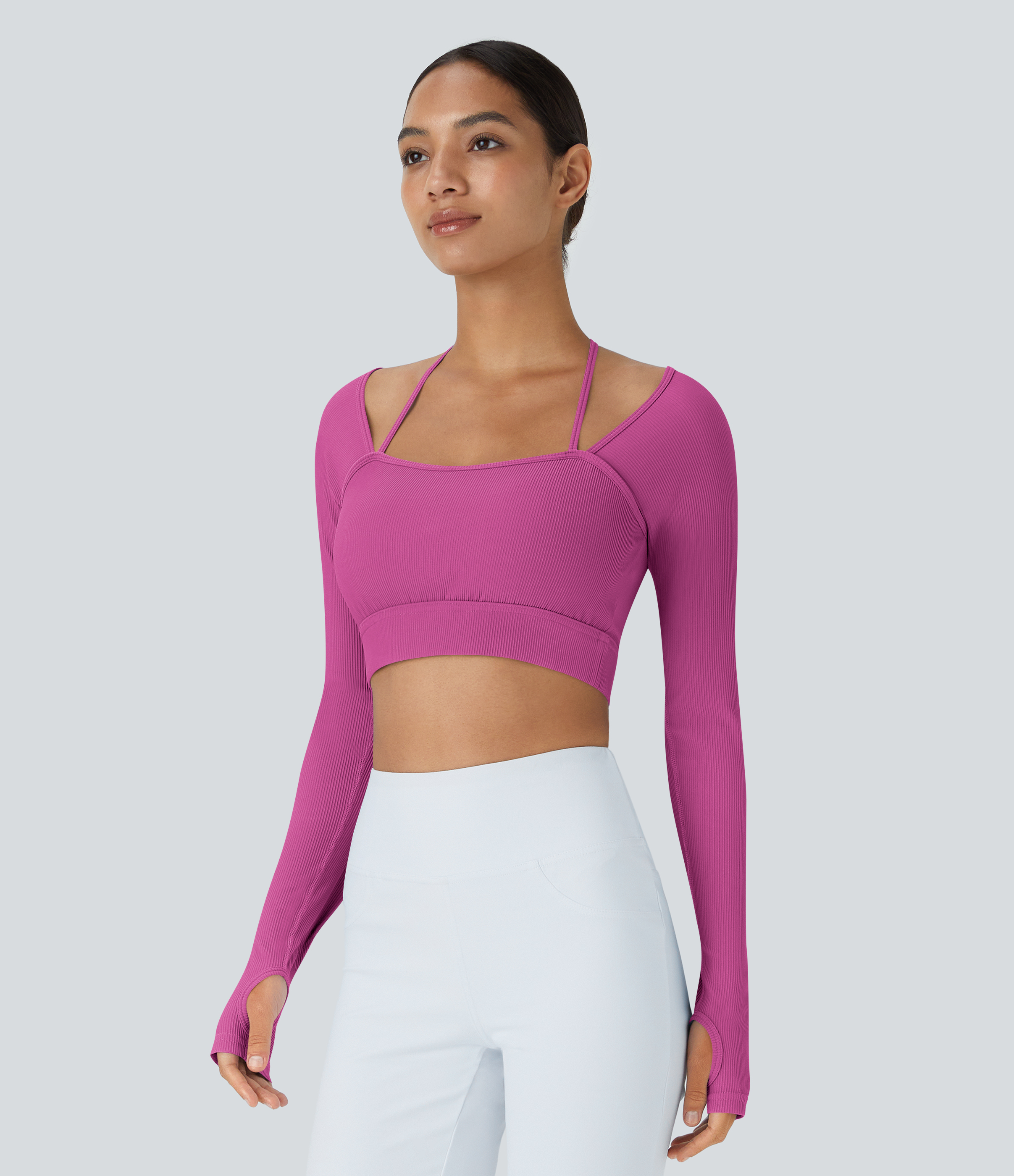 Halara Ribbed Halter Strap Thumb Hole Cropped Yoga Sports Top  - Purple Orchid - S 