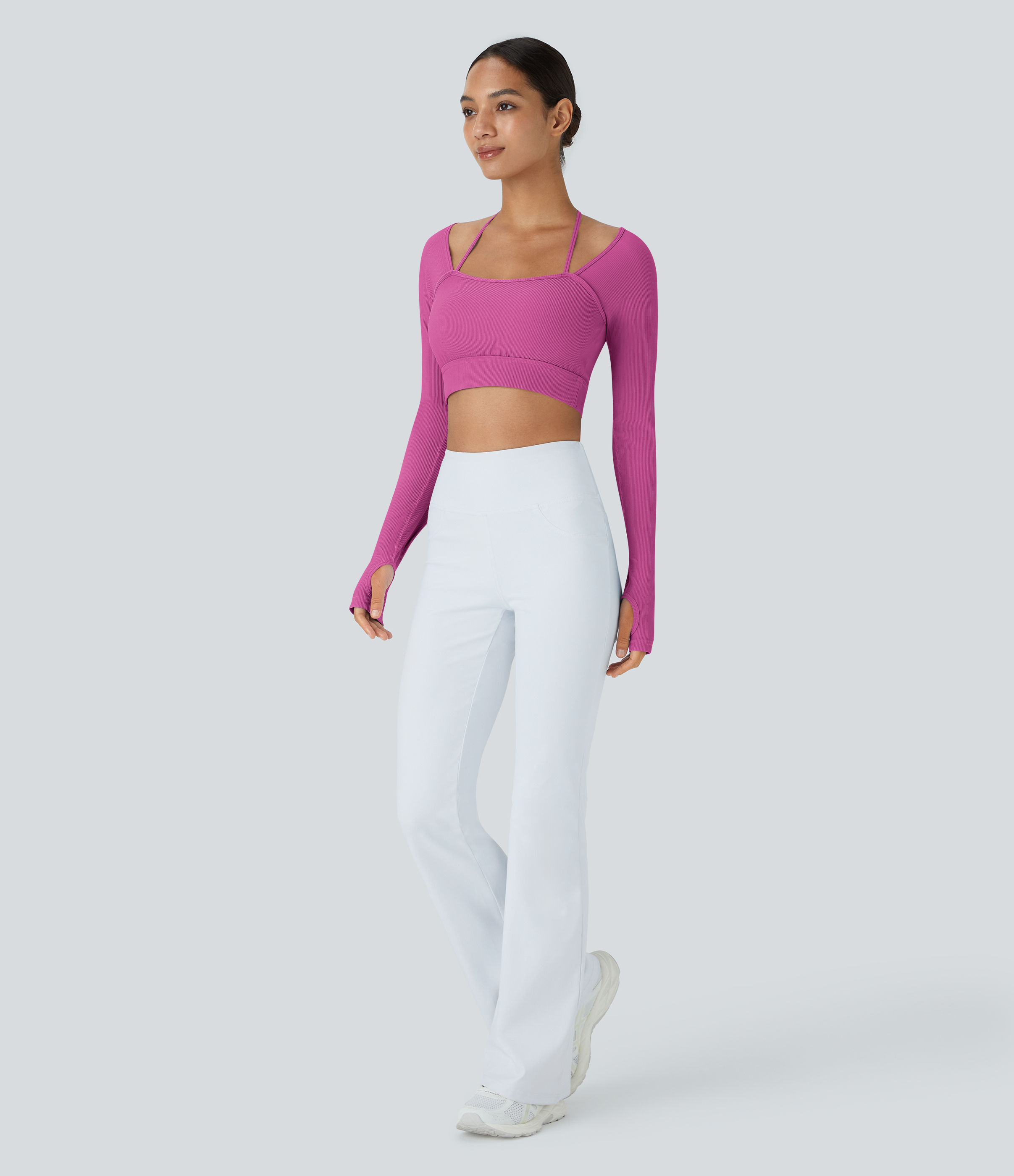 Halara Ribbed Halter Strap Thumb Hole Cropped Yoga Sports Top  - Purple Orchid - S 
