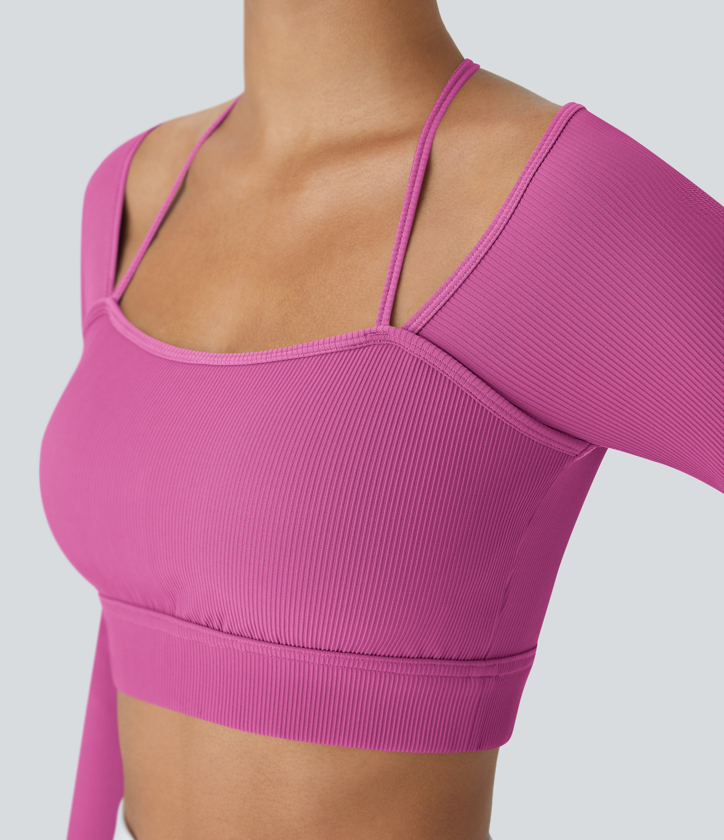 Halara Ribbed Halter Strap Thumb Hole Cropped Yoga Sports Top  - Purple Orchid - S 