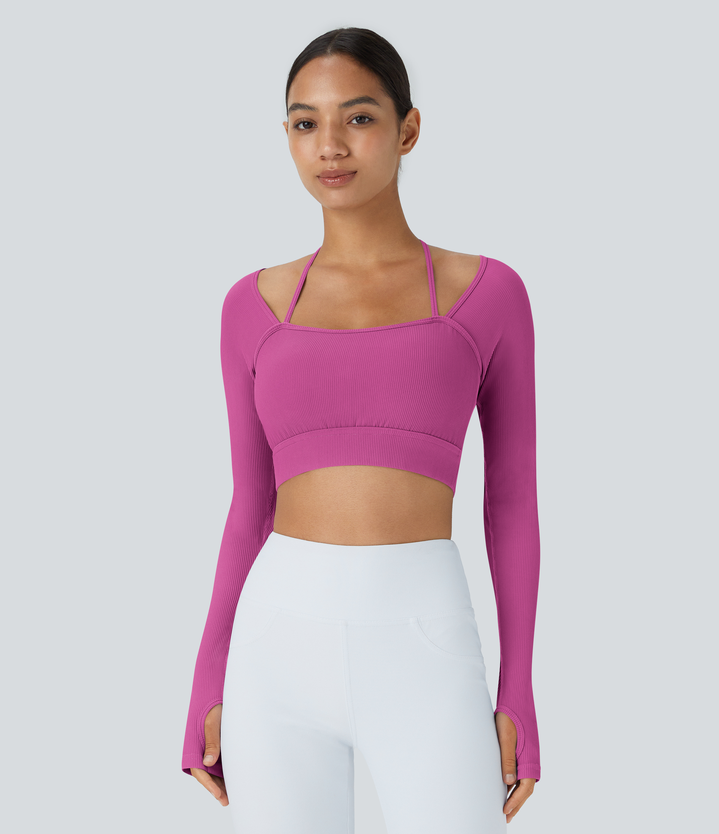 Halara Ribbed Halter Strap Thumb Hole Cropped Yoga Sports Top  - Purple Orchid - S 