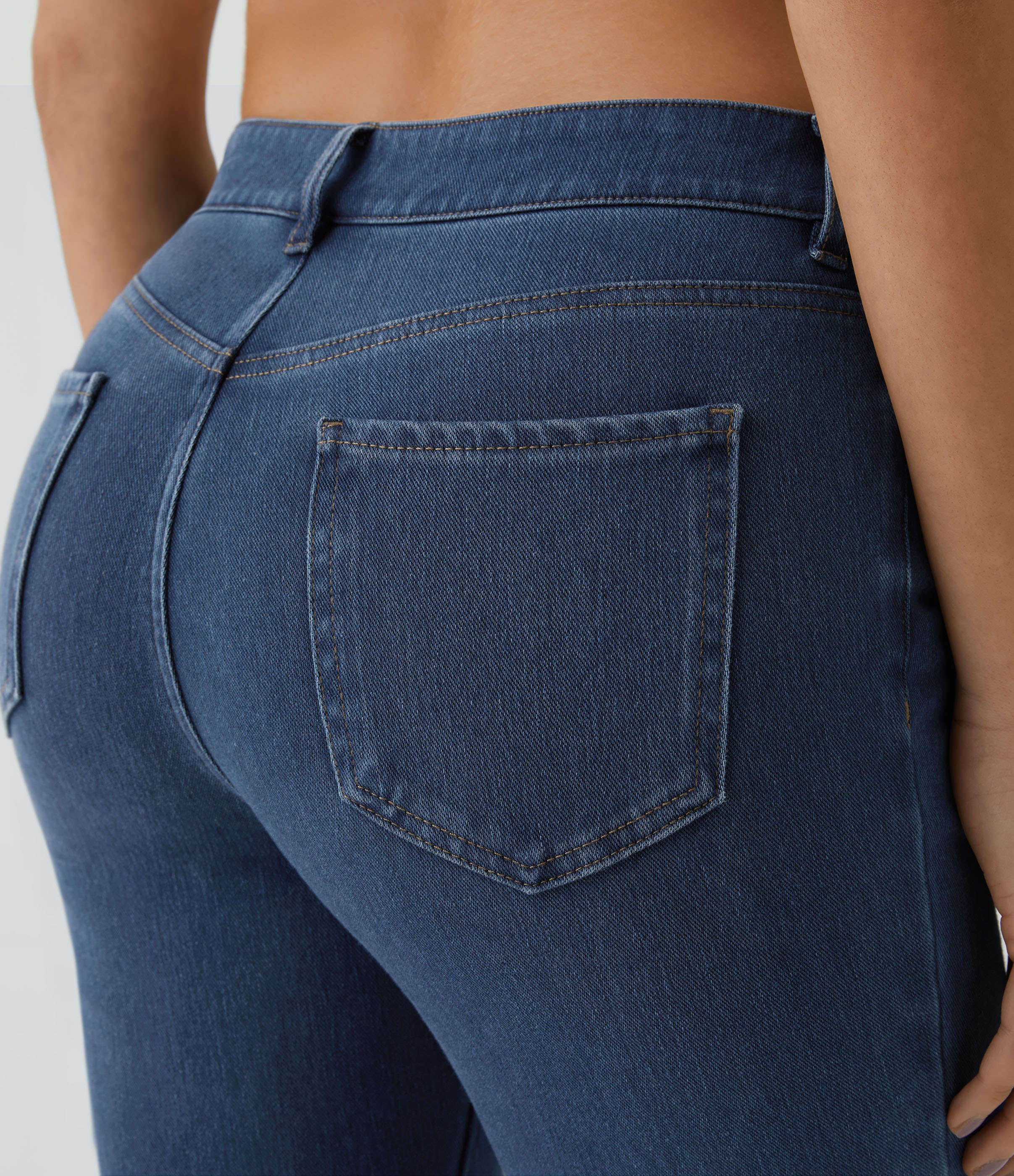 Halara HalaraMagicв„ў Mid Rise Button Pockets Stretchy Knit Denim Casual Slight Flare Pants  - Washed Denim Indigo - XL sweatpants jogger pants 