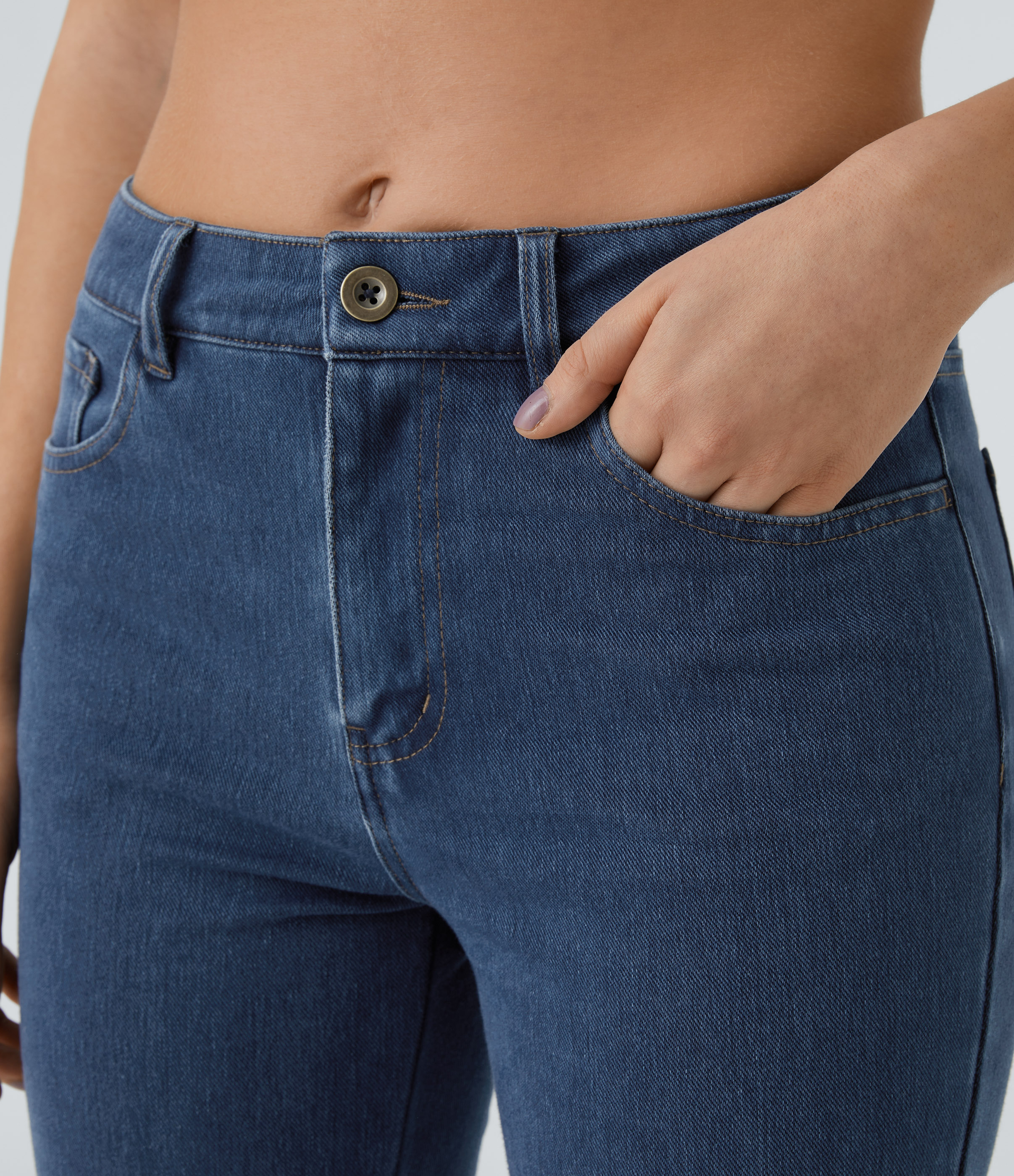Halara HalaraMagicв„ў Mid Rise Button Pockets Stretchy Knit Denim Casual Slight Flare Pants  - Washed Denim Indigo - XL sweatpants jogger pants 