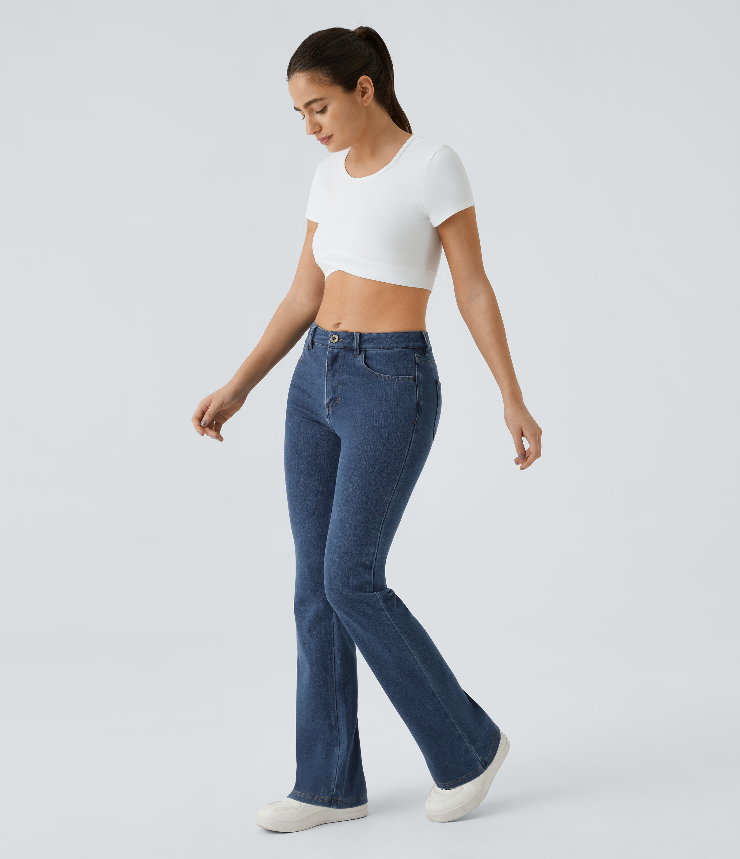 Halara HalaraMagicв„ў Mid Rise Button Pockets Stretchy Knit Denim Casual Slight Flare Pants  - Washed Denim Indigo - XL sweatpants jogger pants 