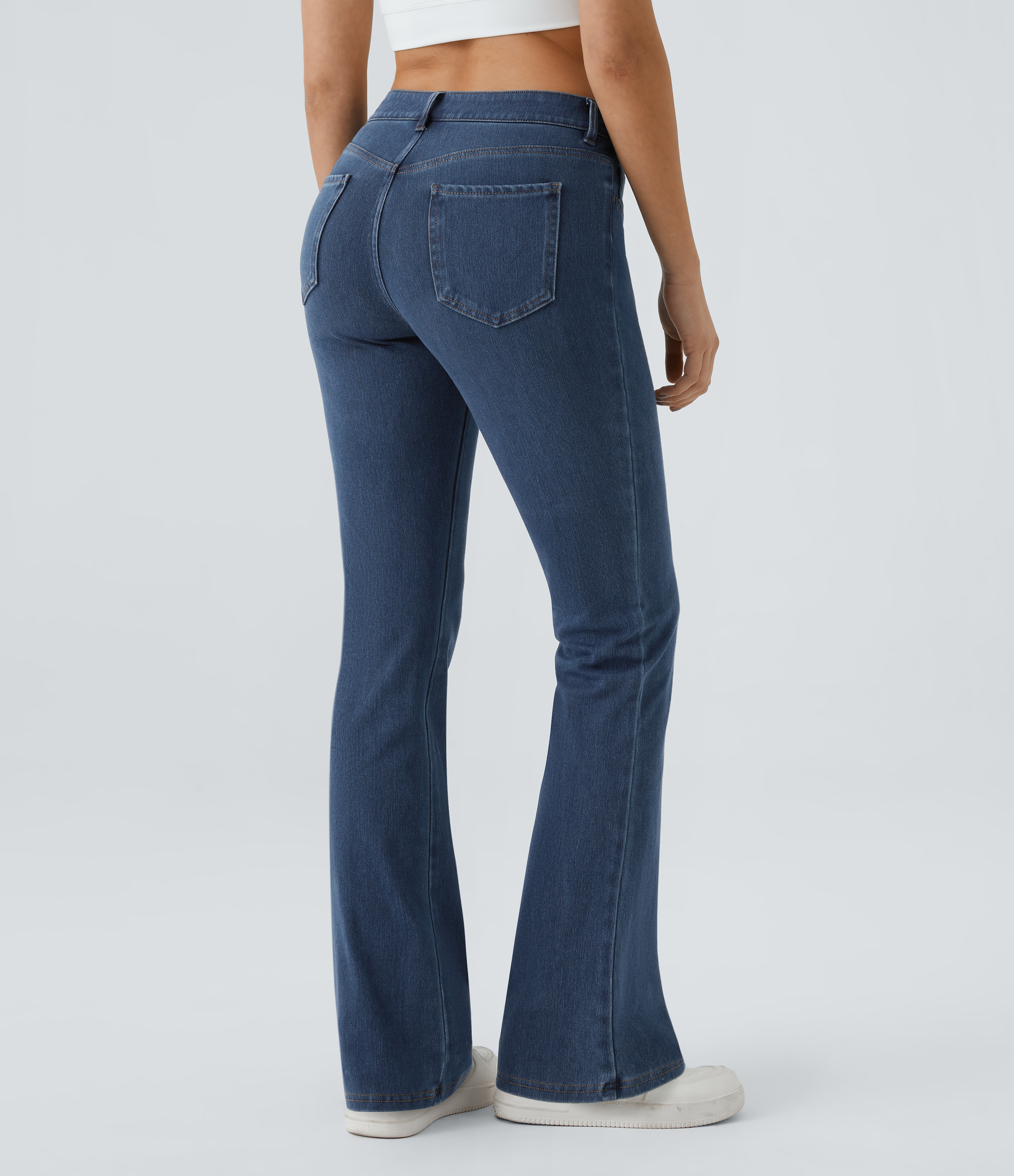 Halara HalaraMagicв„ў Mid Rise Button Pockets Stretchy Knit Denim Casual Slight Flare Pants  - Washed Denim Indigo - XL sweatpants jogger pants 
