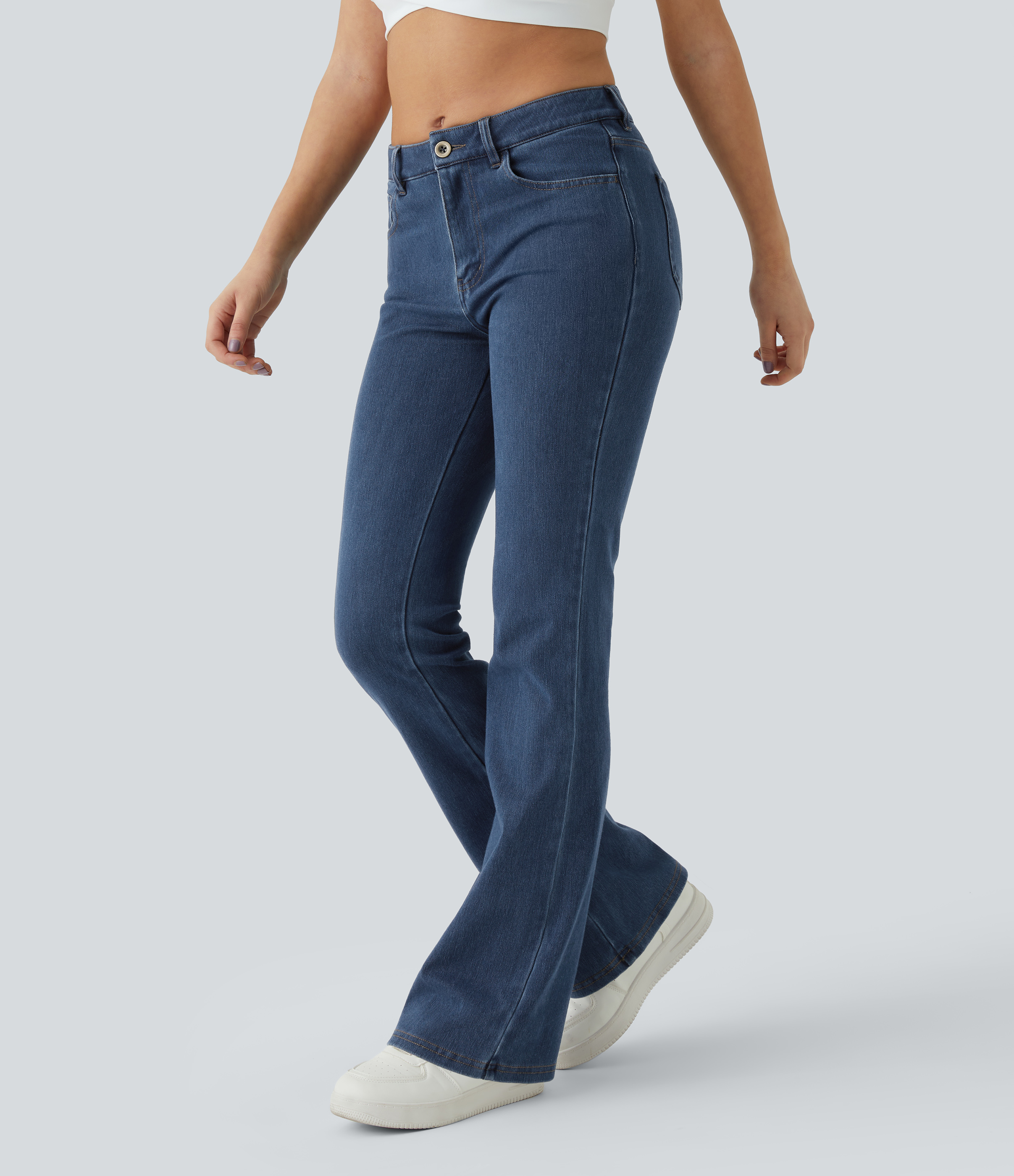 Halara HalaraMagicв„ў Mid Rise Button Pockets Stretchy Knit Denim Casual Slight Flare Pants  - Washed Denim Indigo - XL sweatpants jogger pants 