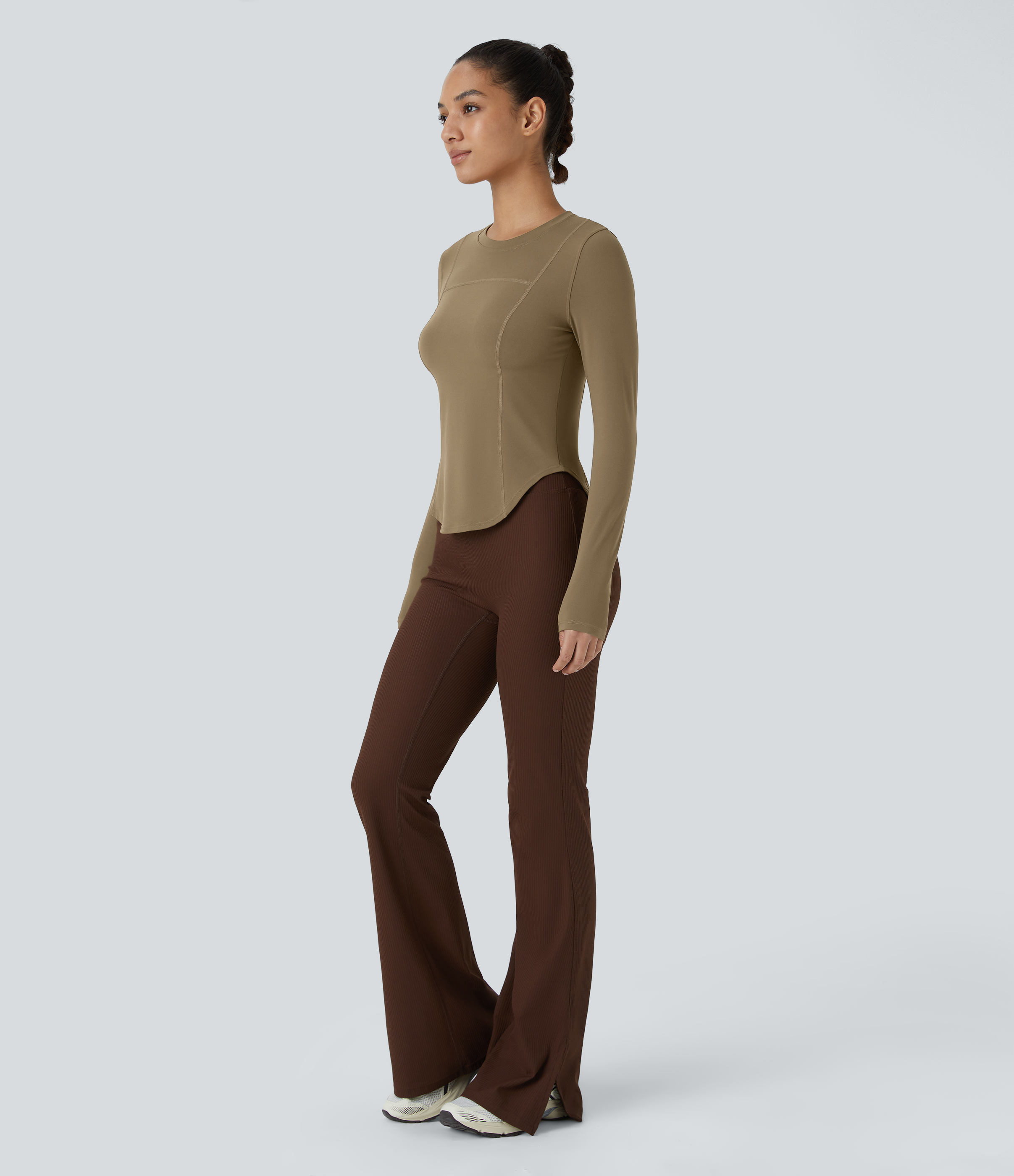 Halara Softlyzeroв„ў Round Neck Long Sleeve Curved Hem Yoga Sports Top  - Chestnut Brown - XS 