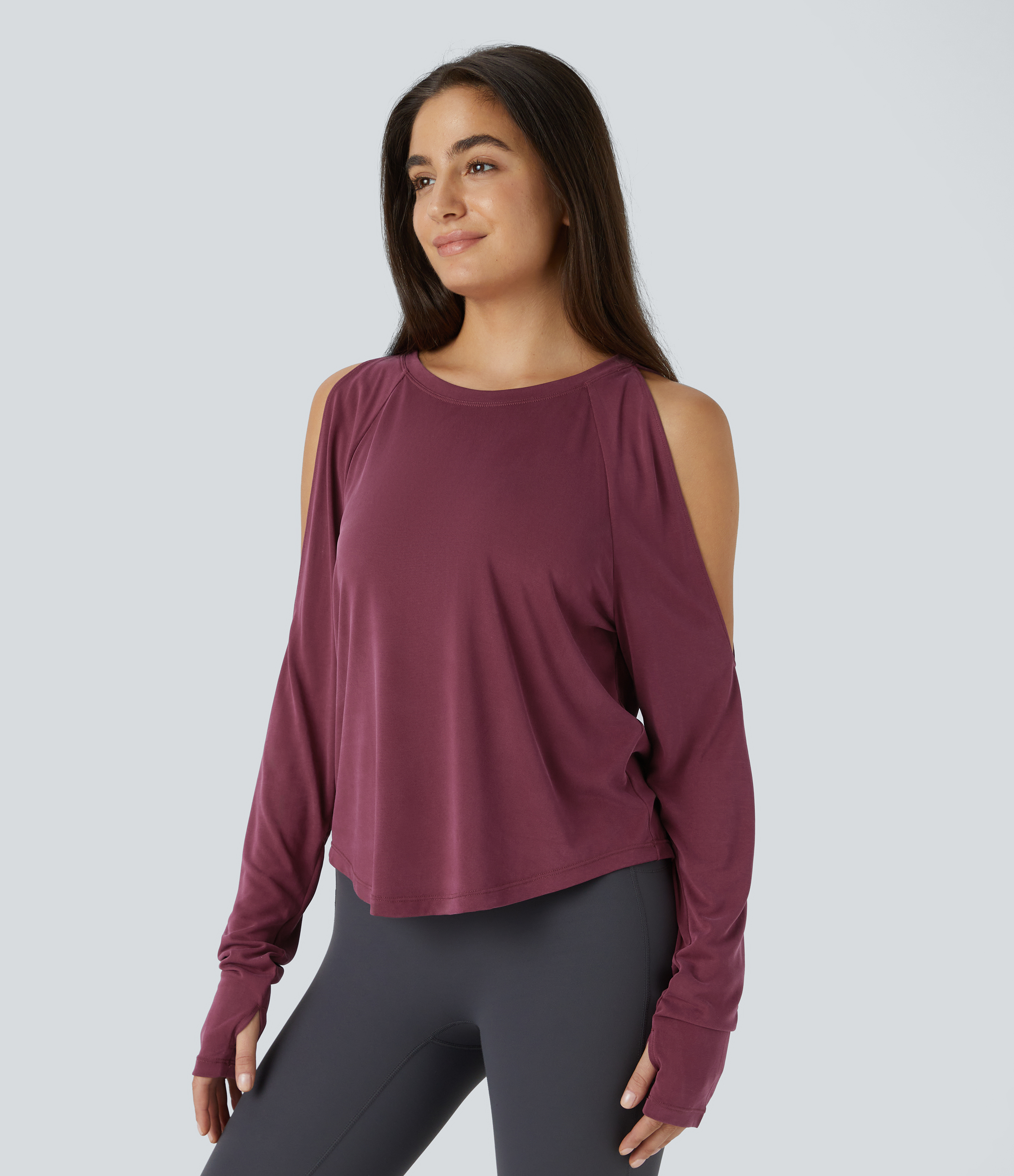 Halara Round Neck Cold Shoulder Long Sleeve Thumb Hole Curved Hem Yoga Sports Top  - Oxblood Red - XL 