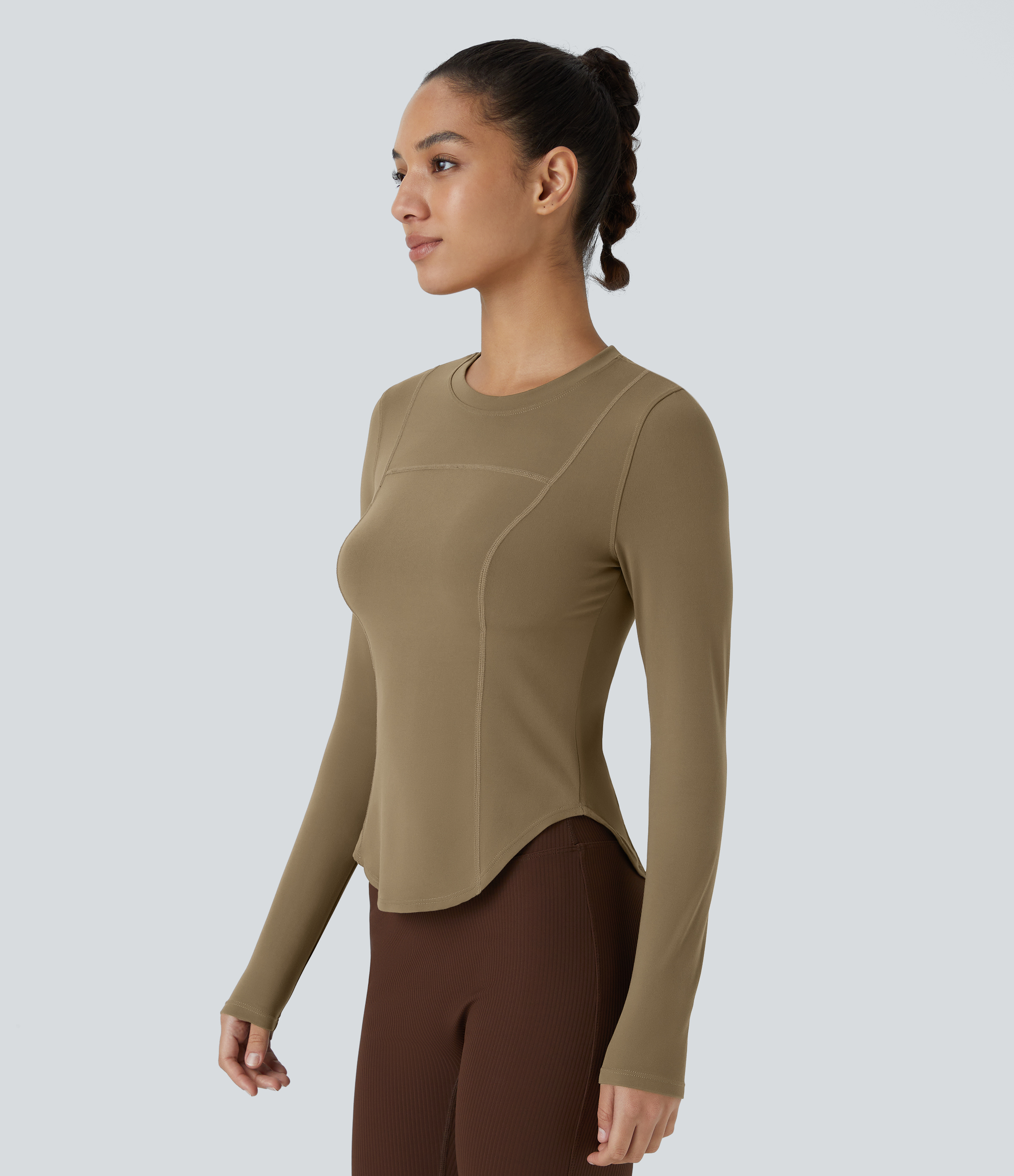 Halara Softlyzeroв„ў Round Neck Long Sleeve Curved Hem Yoga Sports Top  - Chestnut Brown - XS 