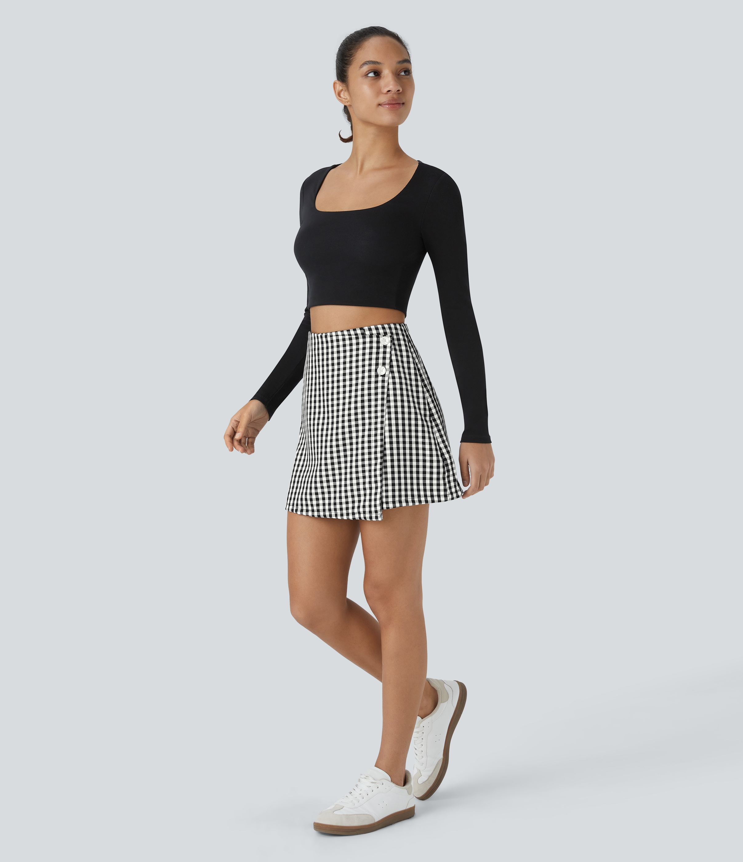 Halara High Waisted Button Wrap Invisible Zipper 2-in-1 Gingham A Line Mini Casual Skirt  - Black White Gingham - XS(regular) 