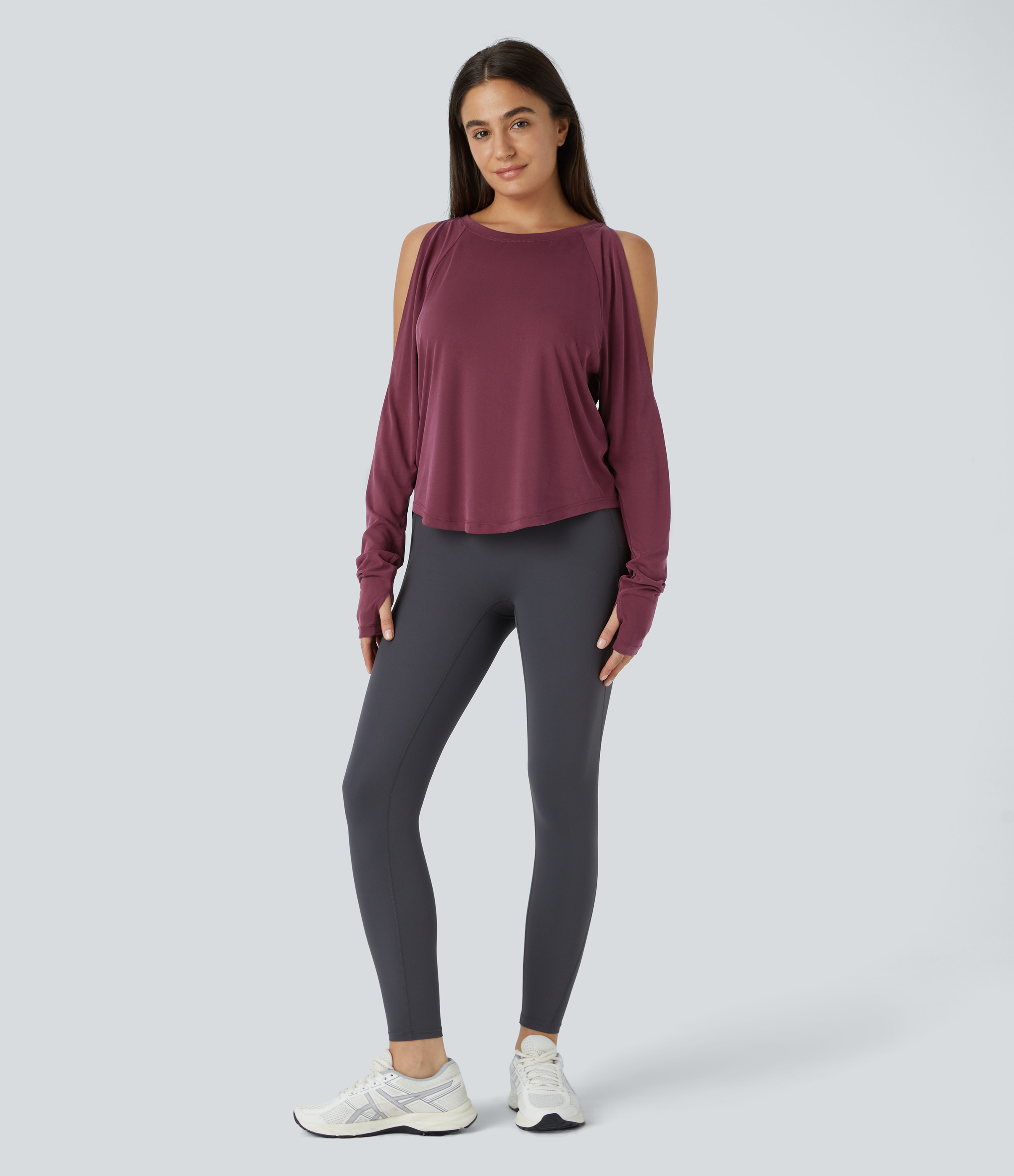 Halara Round Neck Cold Shoulder Long Sleeve Thumb Hole Curved Hem Yoga Sports Top  - Oxblood Red - XL 