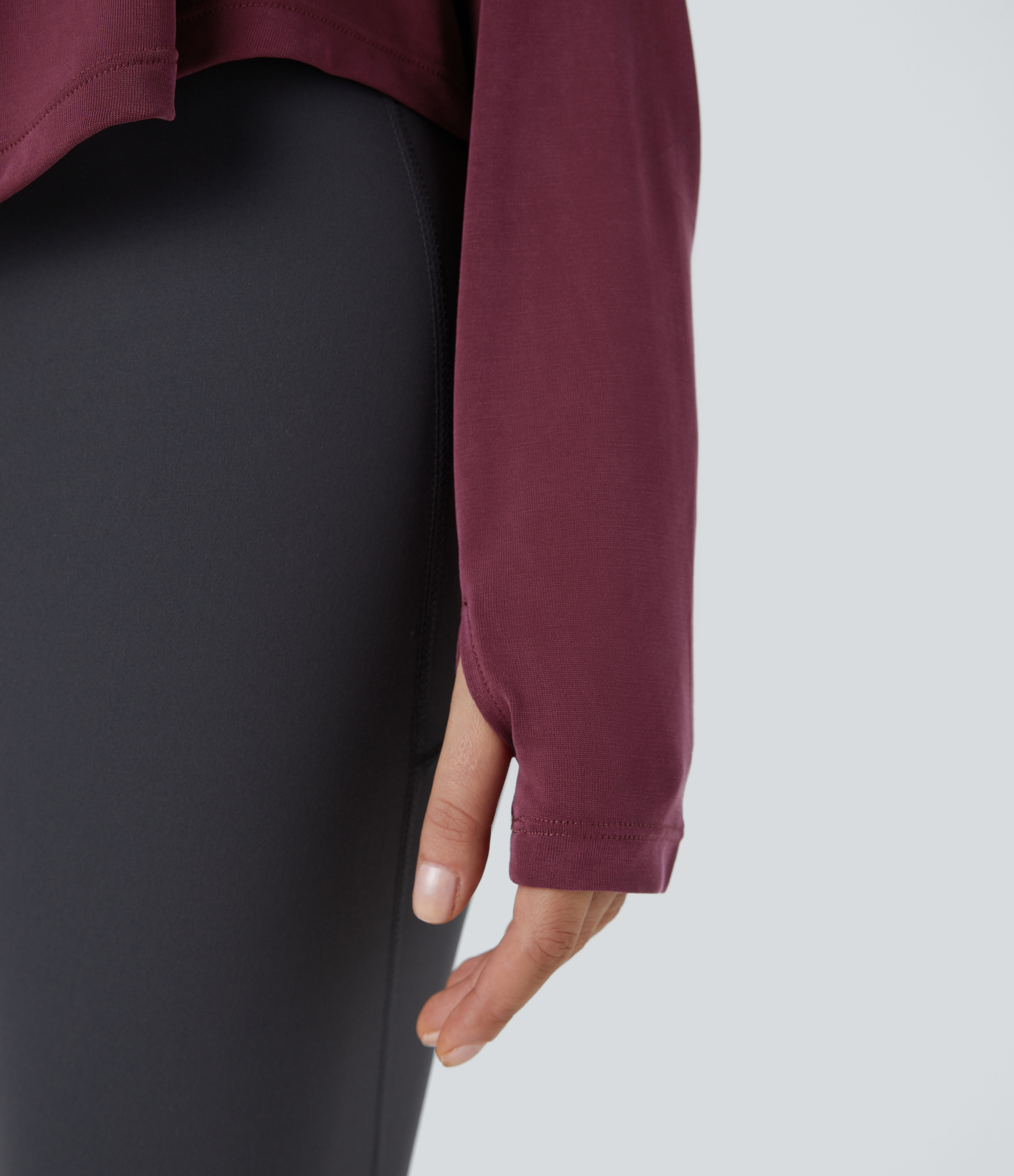 Halara Round Neck Cold Shoulder Long Sleeve Thumb Hole Curved Hem Yoga Sports Top  - Oxblood Red - XL 