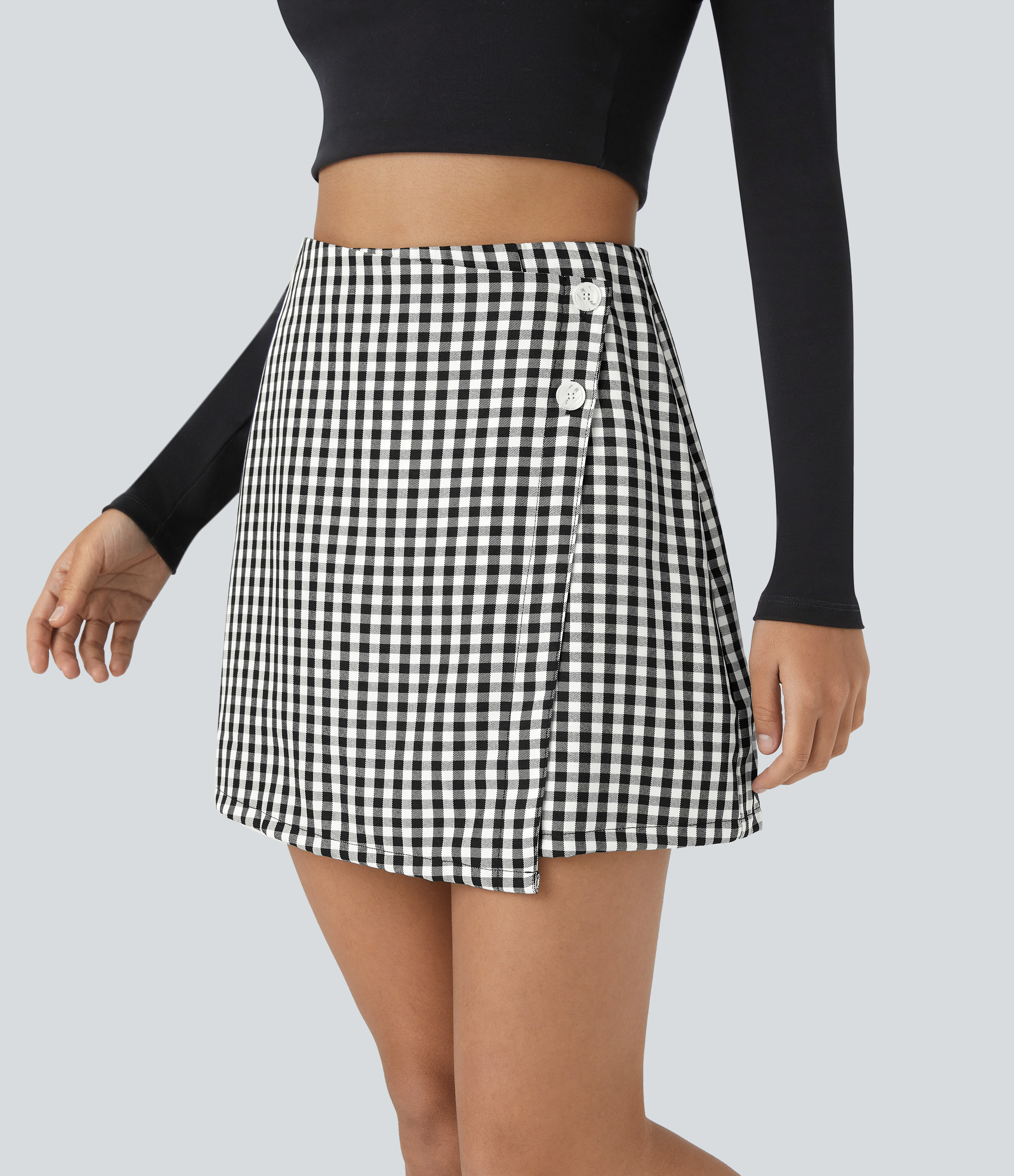 Halara High Waisted Button Wrap Invisible Zipper 2-in-1 Gingham A Line Mini Casual Skirt  - Black White Gingham - XS(regular) 