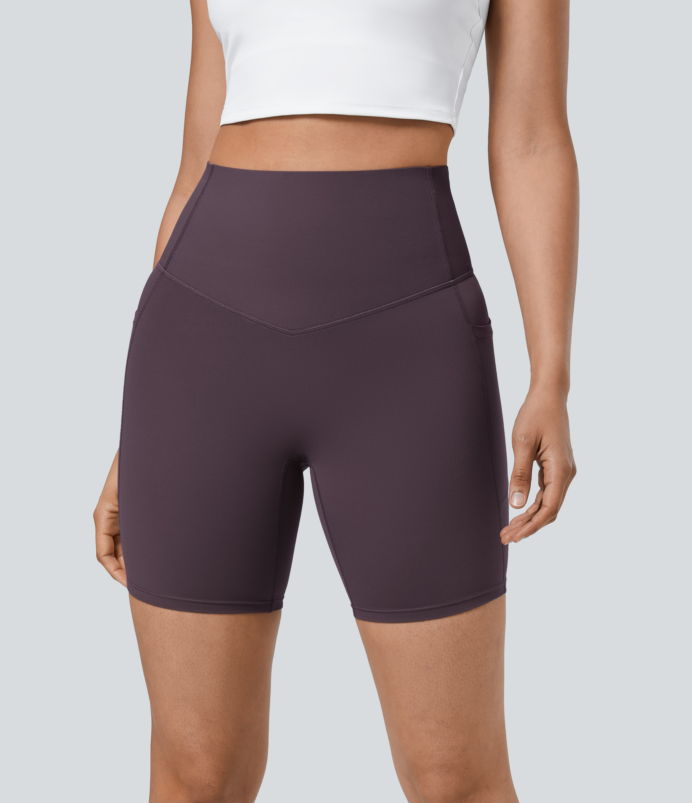 Halara SoCinched High Waisted Tummy Control Side Pocket Shaping Training Biker Shorts 7``  - Night`s Purple - M biker shorts women 