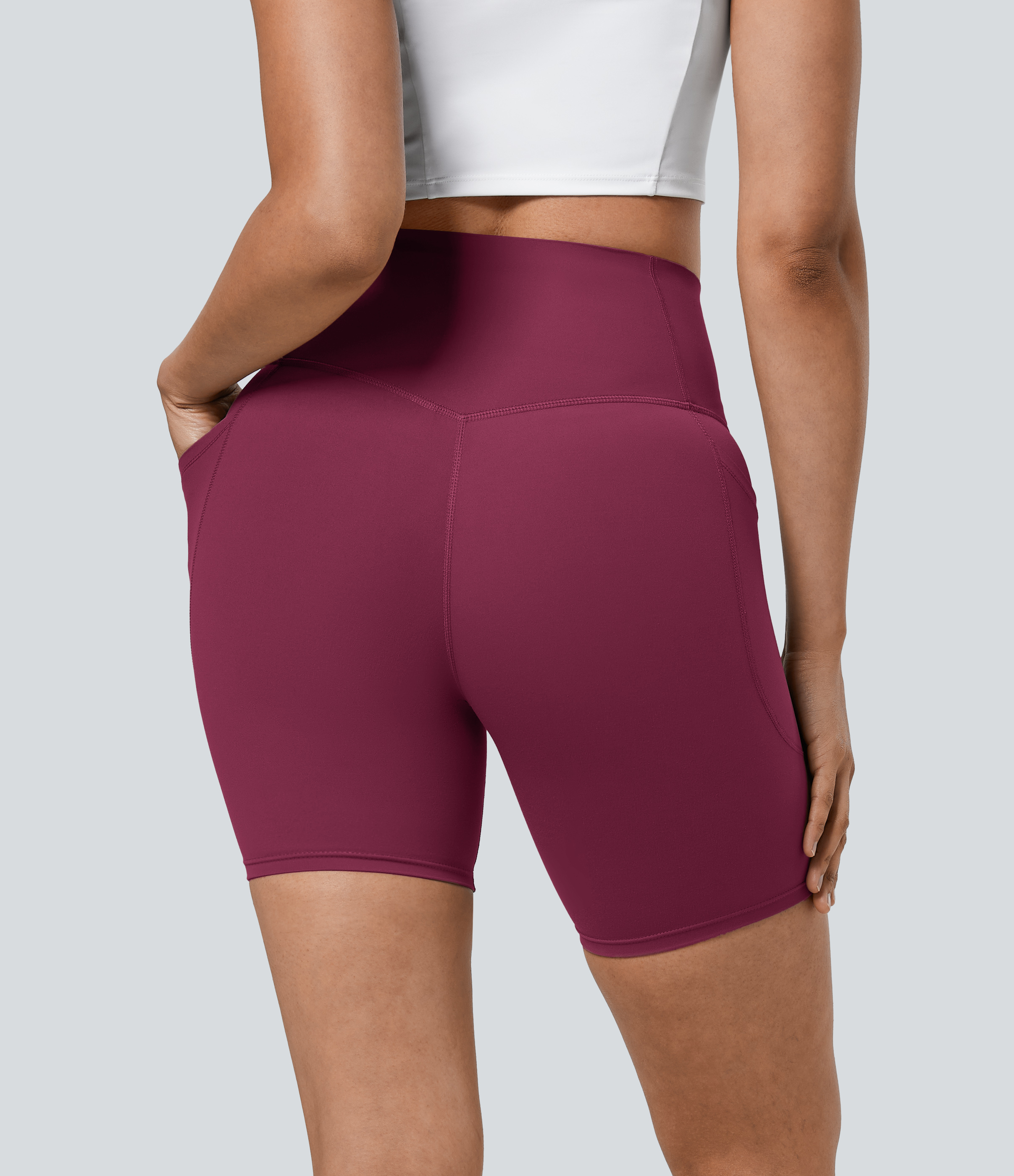 Halara SoCinched High Waisted Tummy Control Side Pocket Shaping Training Biker Shorts 7``  - Red Plum - L biker shorts women 
